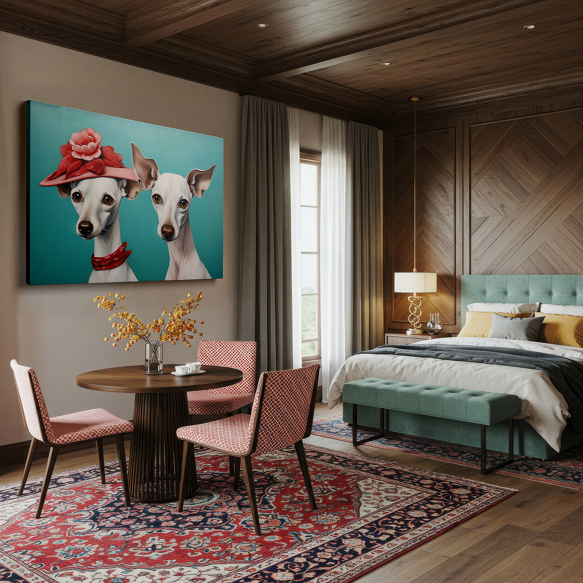 Mounted in a loft-style interior with exposed brick walls — whimsical whippets in stylish hats large wall art with turquoise backdrop, canvas wall decor for office, bedroom, and living room