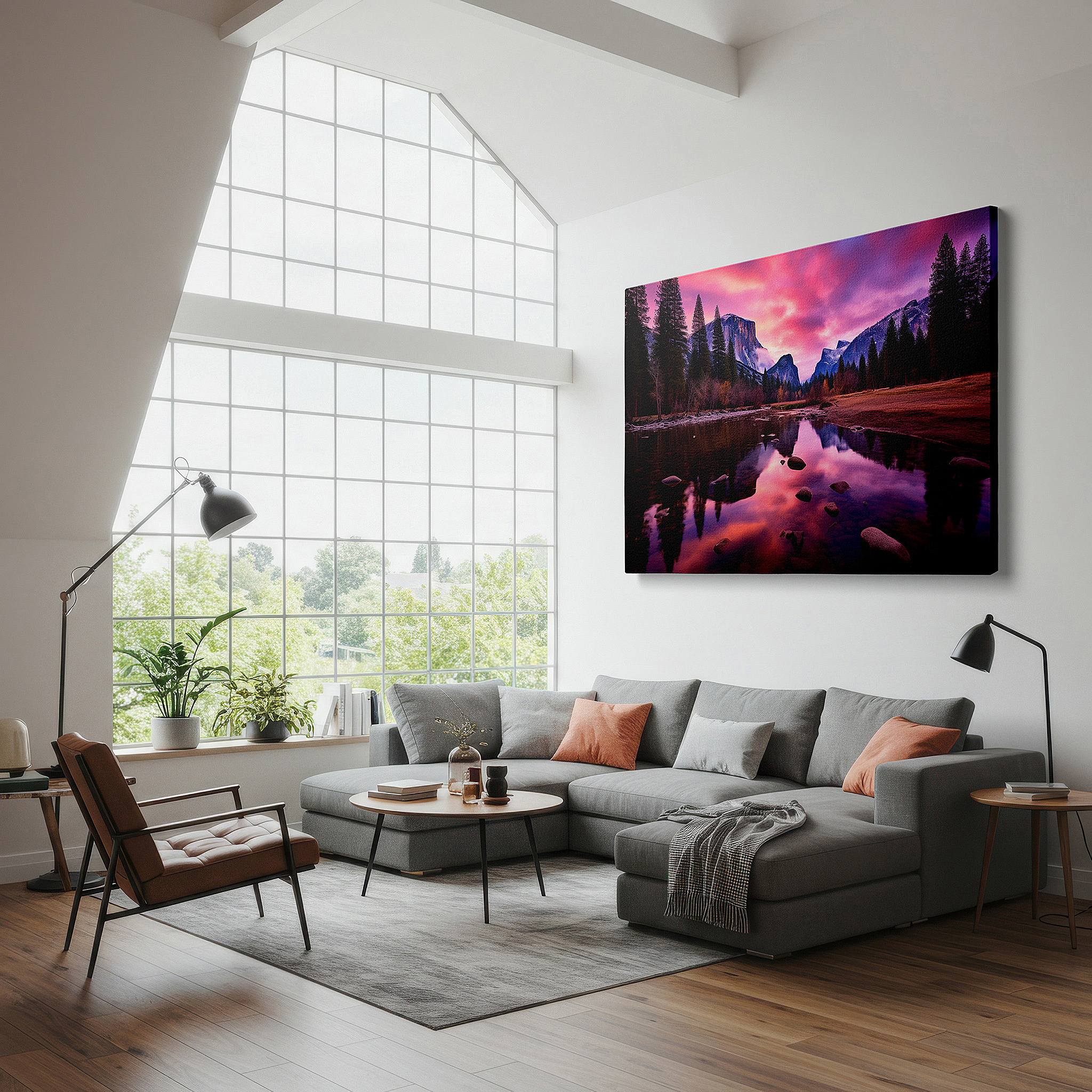 Mounted in a loft-style interior with exposed brick walls — yosemite valley twilight: majestic peaks and serene waters large canvas wall art for office and bedroom decor