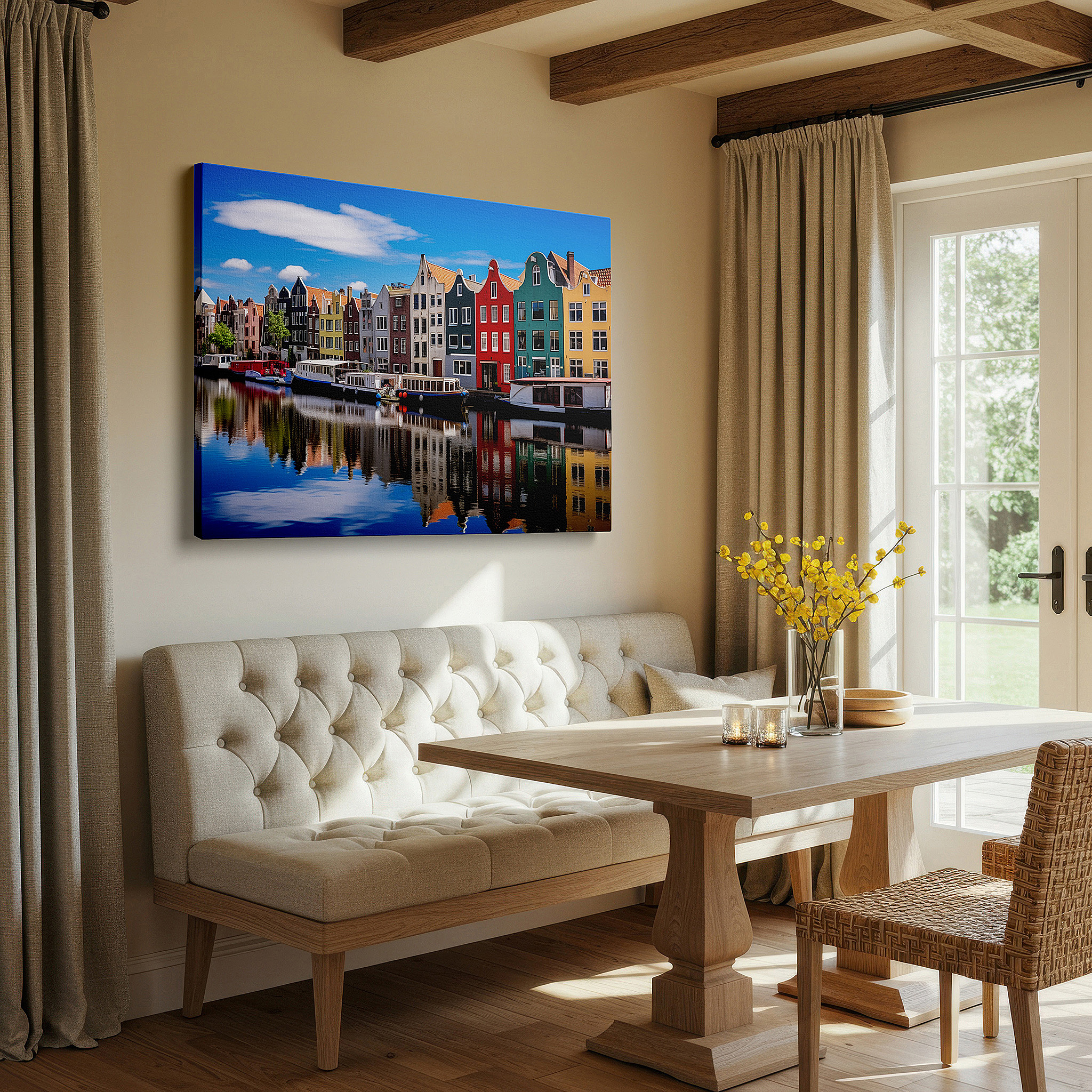 Perfectly sized at 45×30 cm for accenting shelves or narrow walls — amsterdam waterfront canvas print featuring dutch architecture and dreamlike canal reflections, large wall art for home or office decor