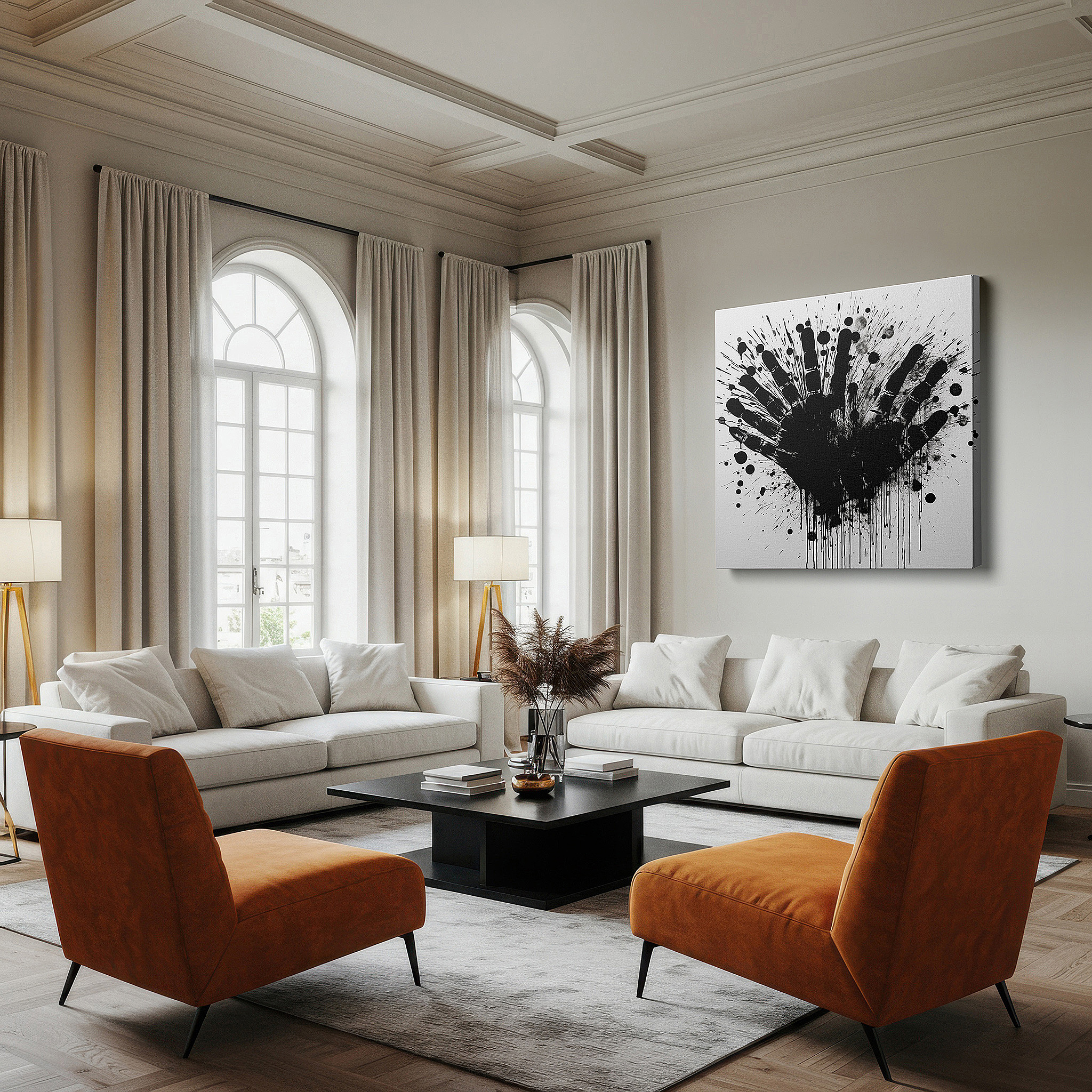 Perfectly sized at 45×30 cm for accenting shelves or narrow walls — black handprint on white background: a representation of identity and emotion - large wall art, canvas wall art, wall decor for office and bedroom