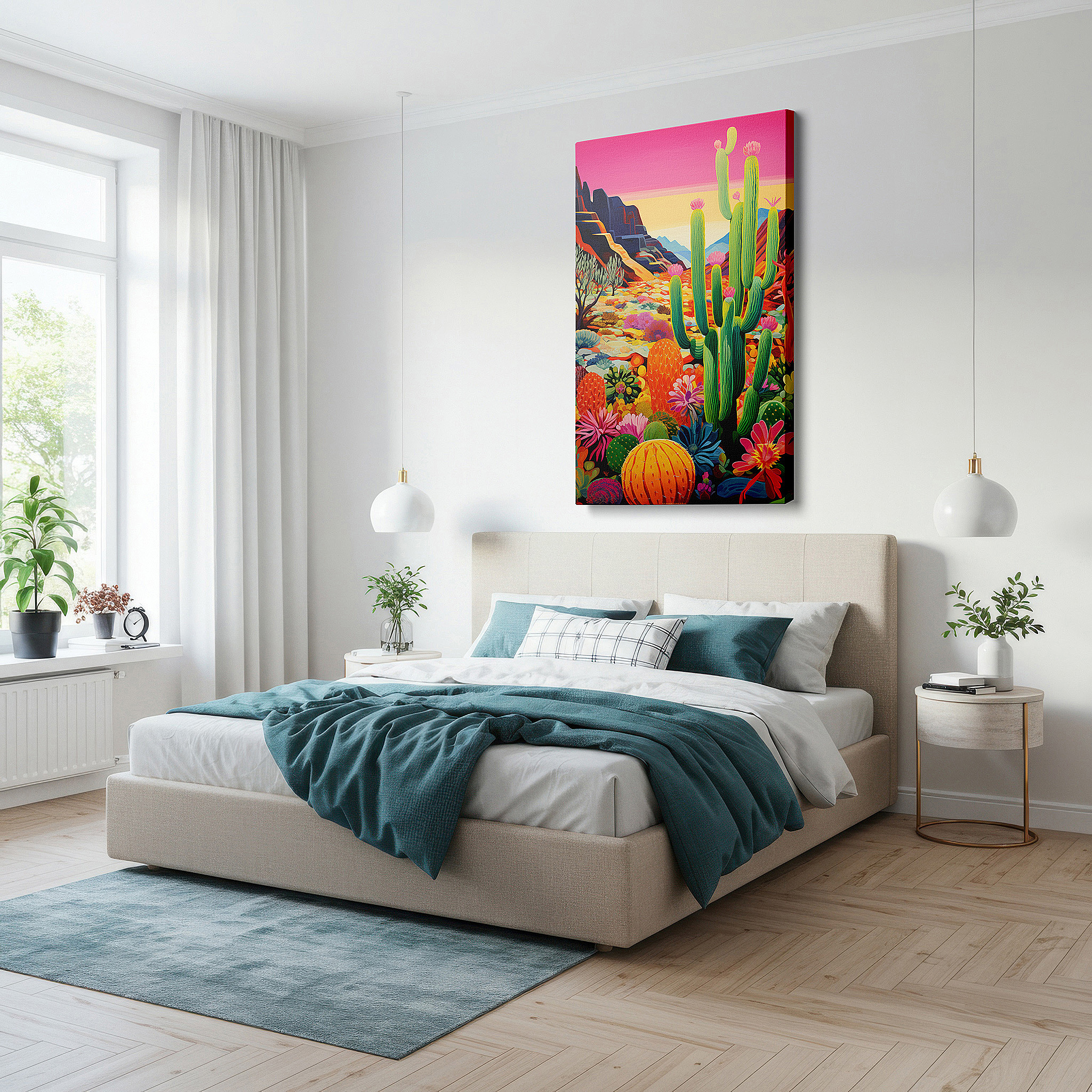 Perfectly sized at 45×30 cm for accenting shelves or narrow walls — desert majesty: tranquil and vibrant nature scene with cacti and mountain vistas - large canvas wall art for office decor