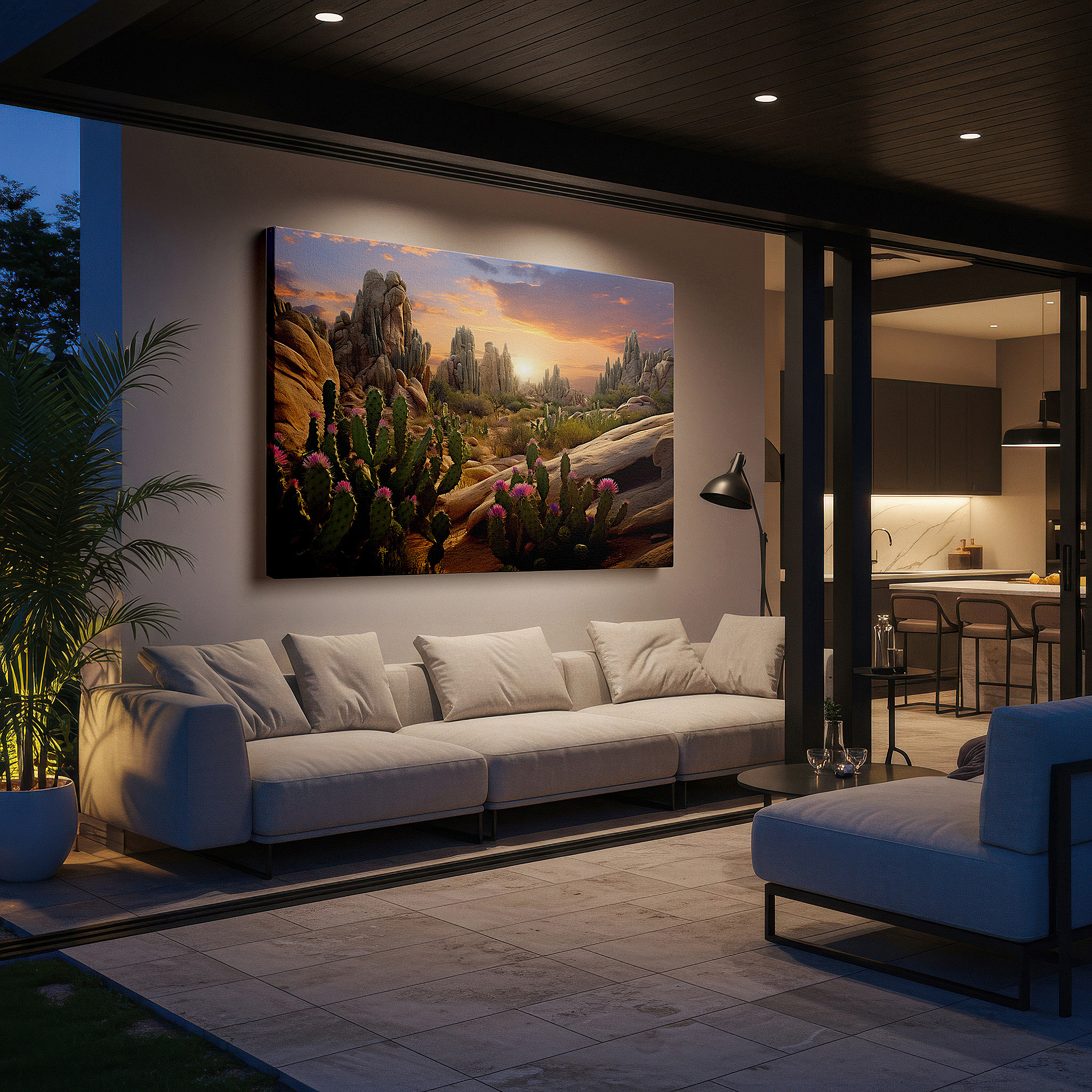 Perfectly sized at 45×30 cm for accenting shelves or narrow walls — desert sunset celebration: rugged natural beauty with cactus silhouettes and vibrant wildflowers - large canvas wall art