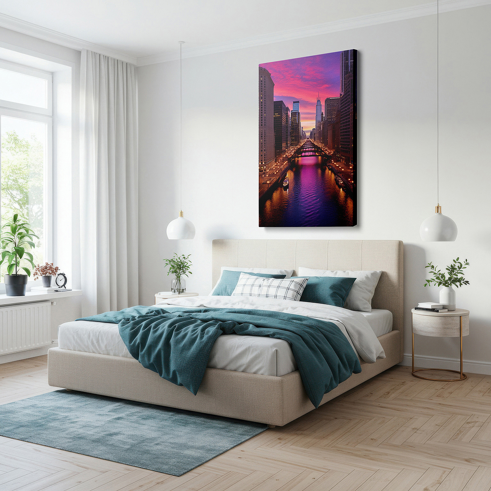Perfectly sized at 45×30 cm for accenting shelves or narrow walls — dynamic sunset and skyline reflections over the chicago river - large canvas wall art for office decor
