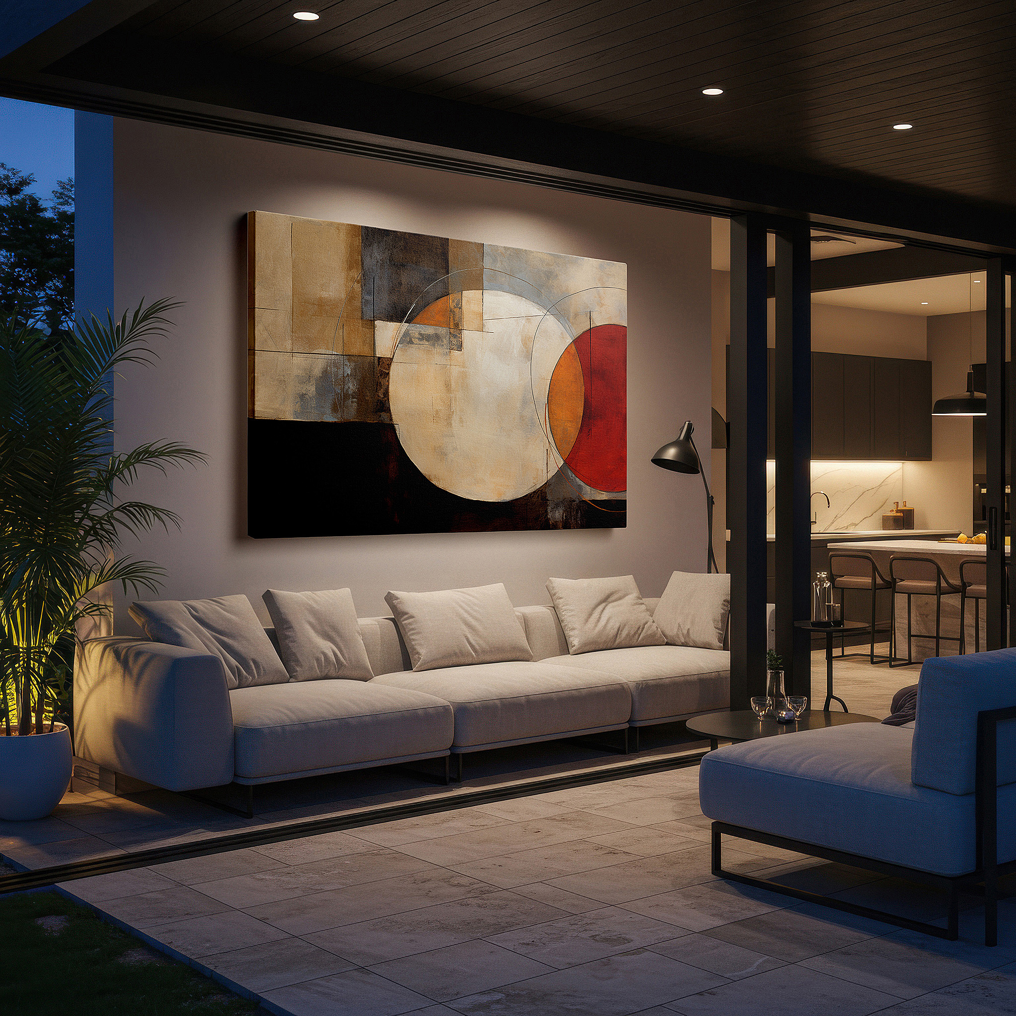 Perfectly sized at 45×30 cm for accenting shelves or narrow walls — earthy tones symphony with intersecting circles: geometric abstract large canvas wall art for home and office decor