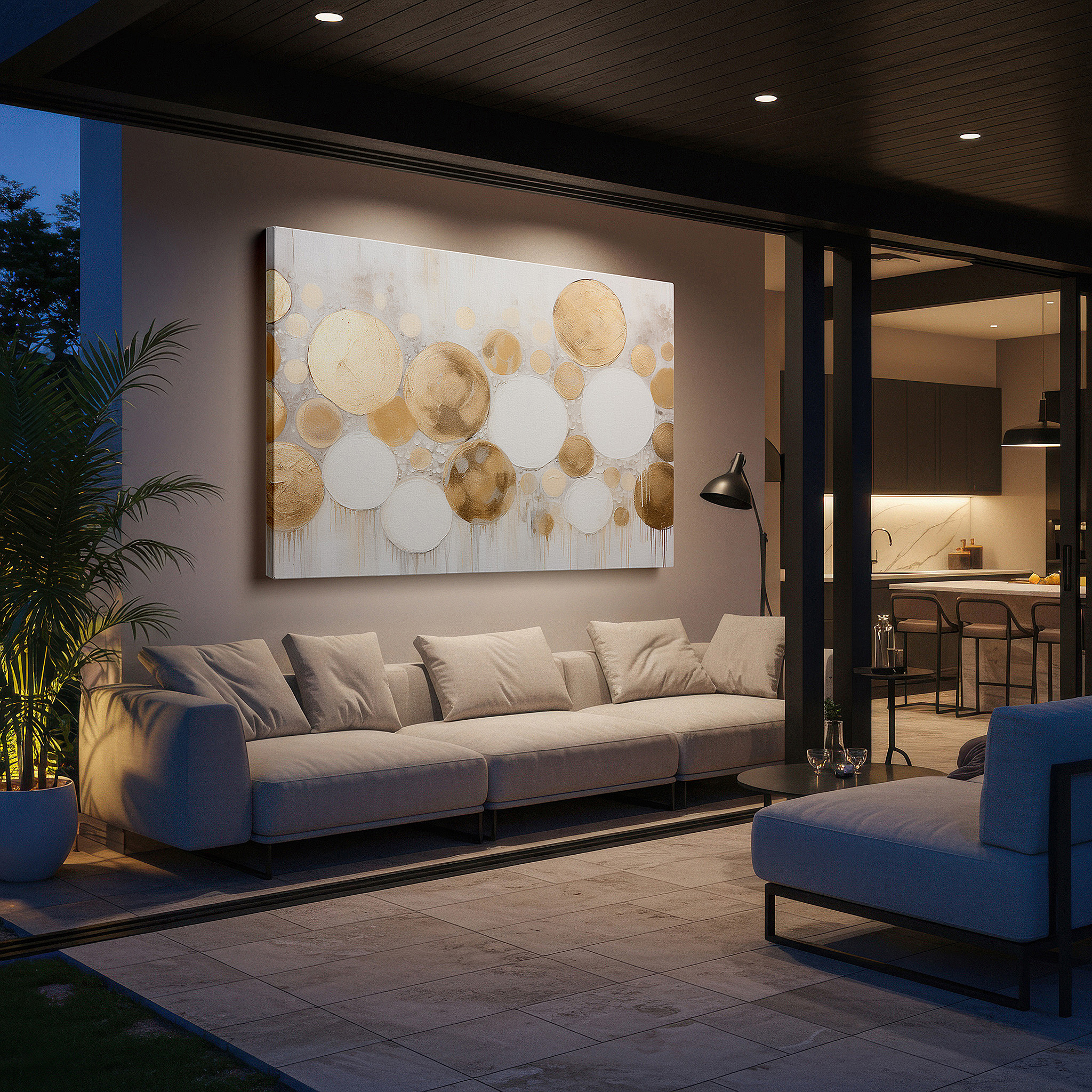 Perfectly sized at 45×30 cm for accenting shelves or narrow walls — elegant and tranquil gold and white circles large wall art, canvas decor for office and bedroom