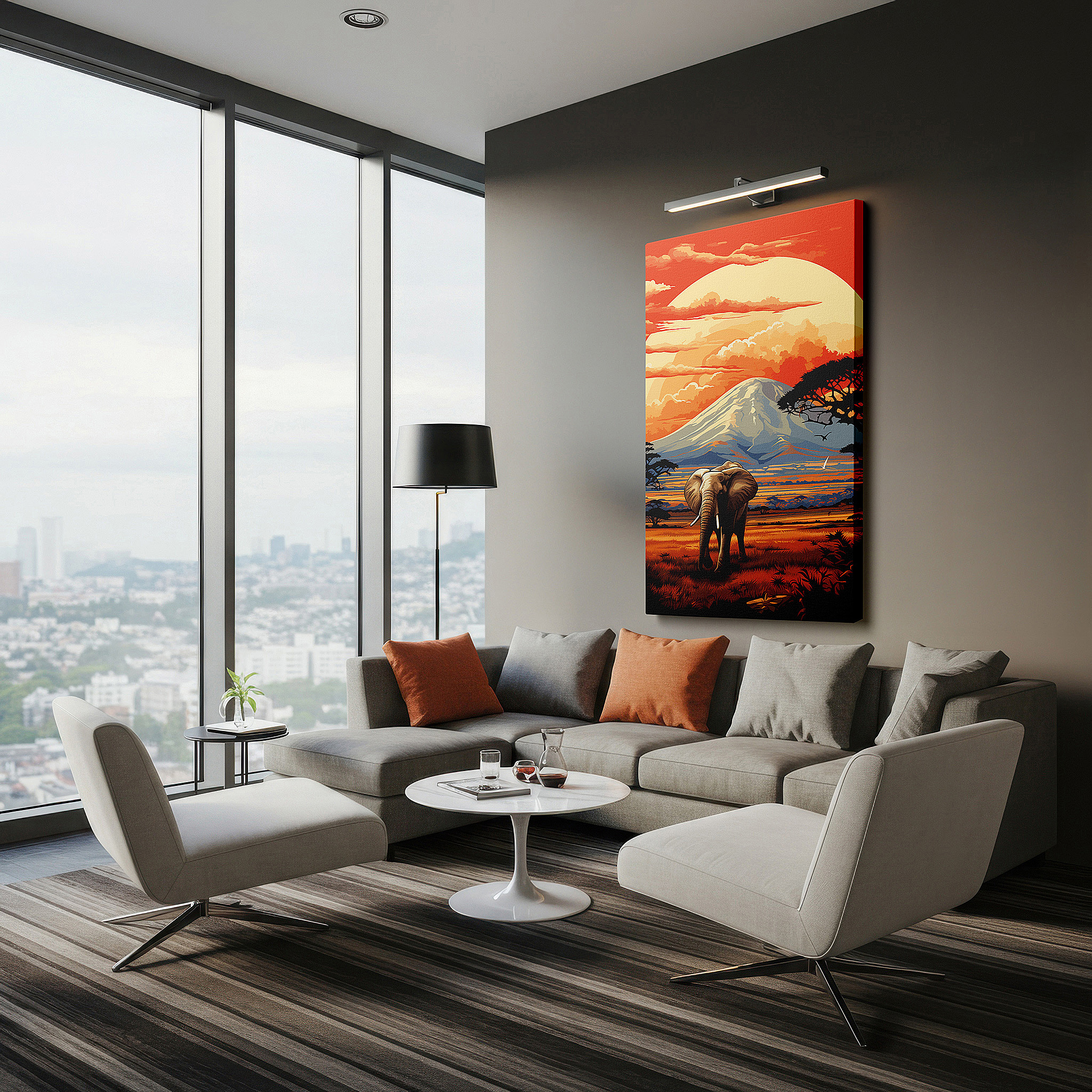 Perfectly sized at 45×30 cm for accenting shelves or narrow walls — elephant silhouette at sunset in africa large canvas wall art for home and office decor