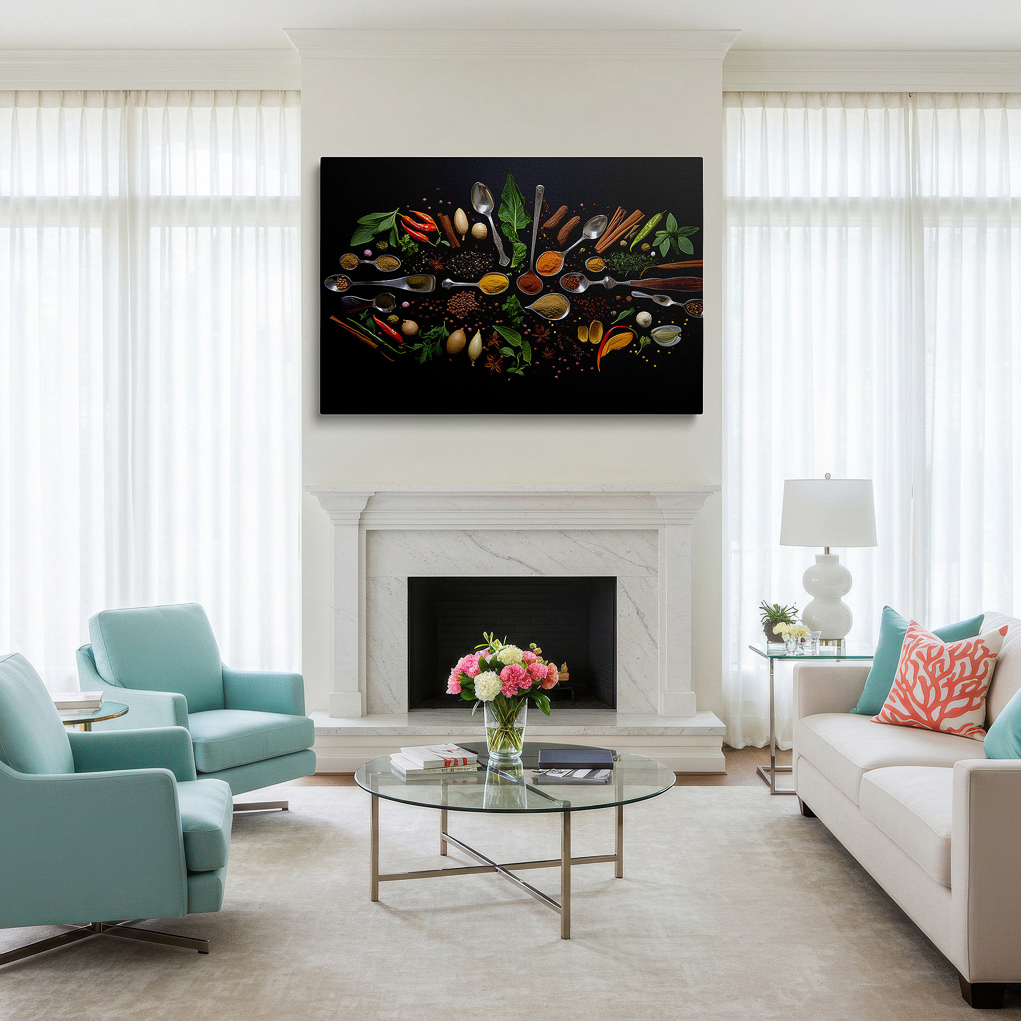 Perfectly sized at 45×30 cm for accenting shelves or narrow walls — exquisite culinary-themed wall art featuring spices and herbs: ideal for office, bedroom, and home decor