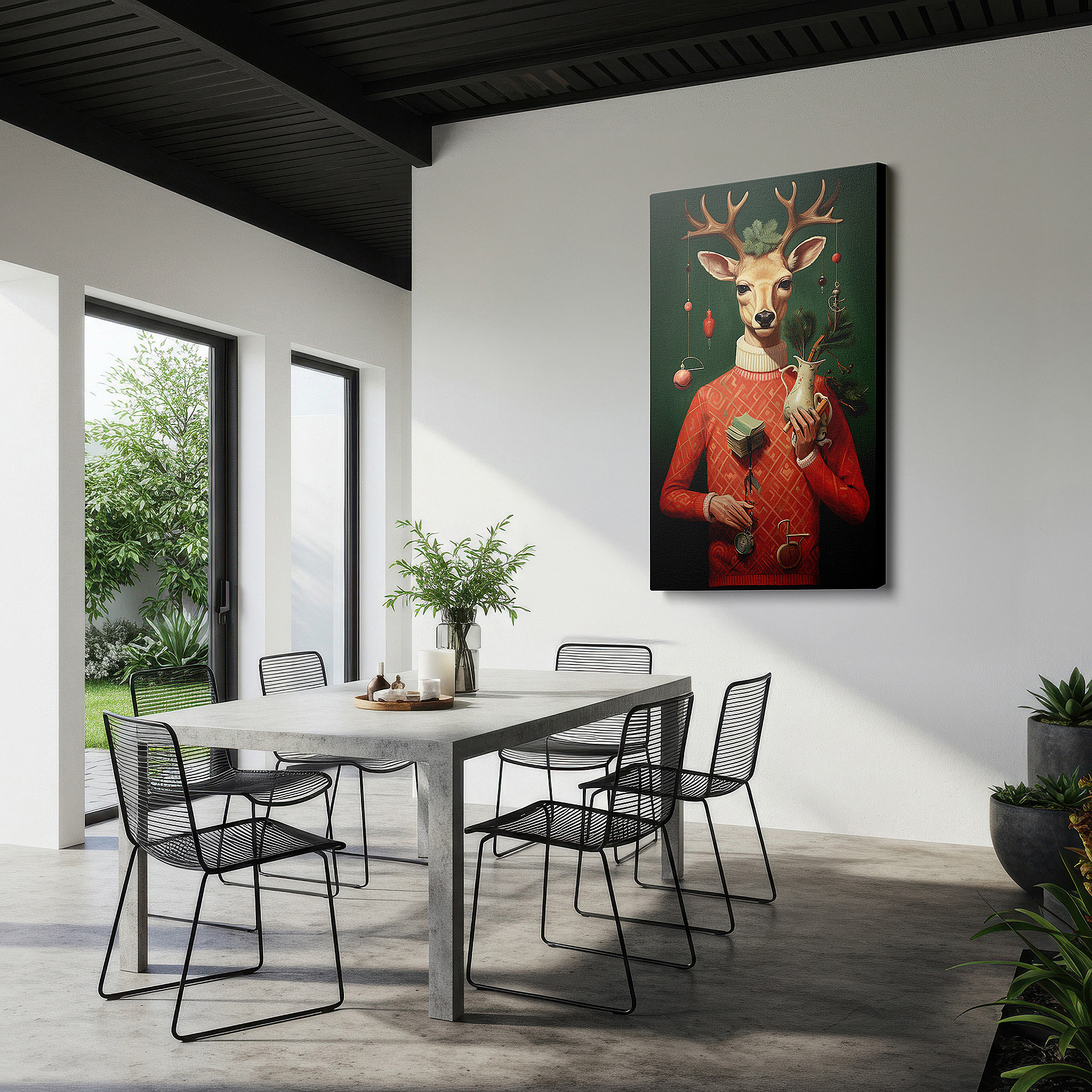 Perfectly sized at 45×30 cm for accenting shelves or narrow walls — festive deer in a cozy red sweater with vibrant plant and holiday ornaments - large canvas wall art for office and bedroom decor