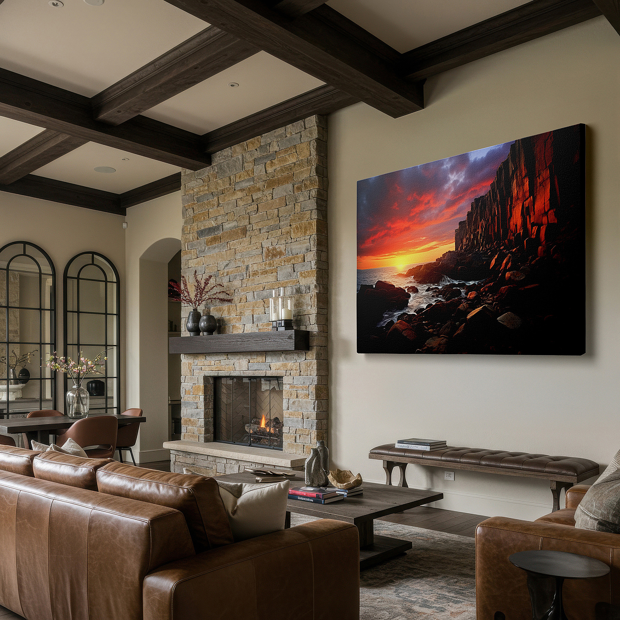 Perfectly sized at 45×30 cm for accenting shelves or narrow walls — fiery sunset over rugged coastline, dramatic sky and formidable rocks large wall art, canvas wall art, wall decor for office and bedroom