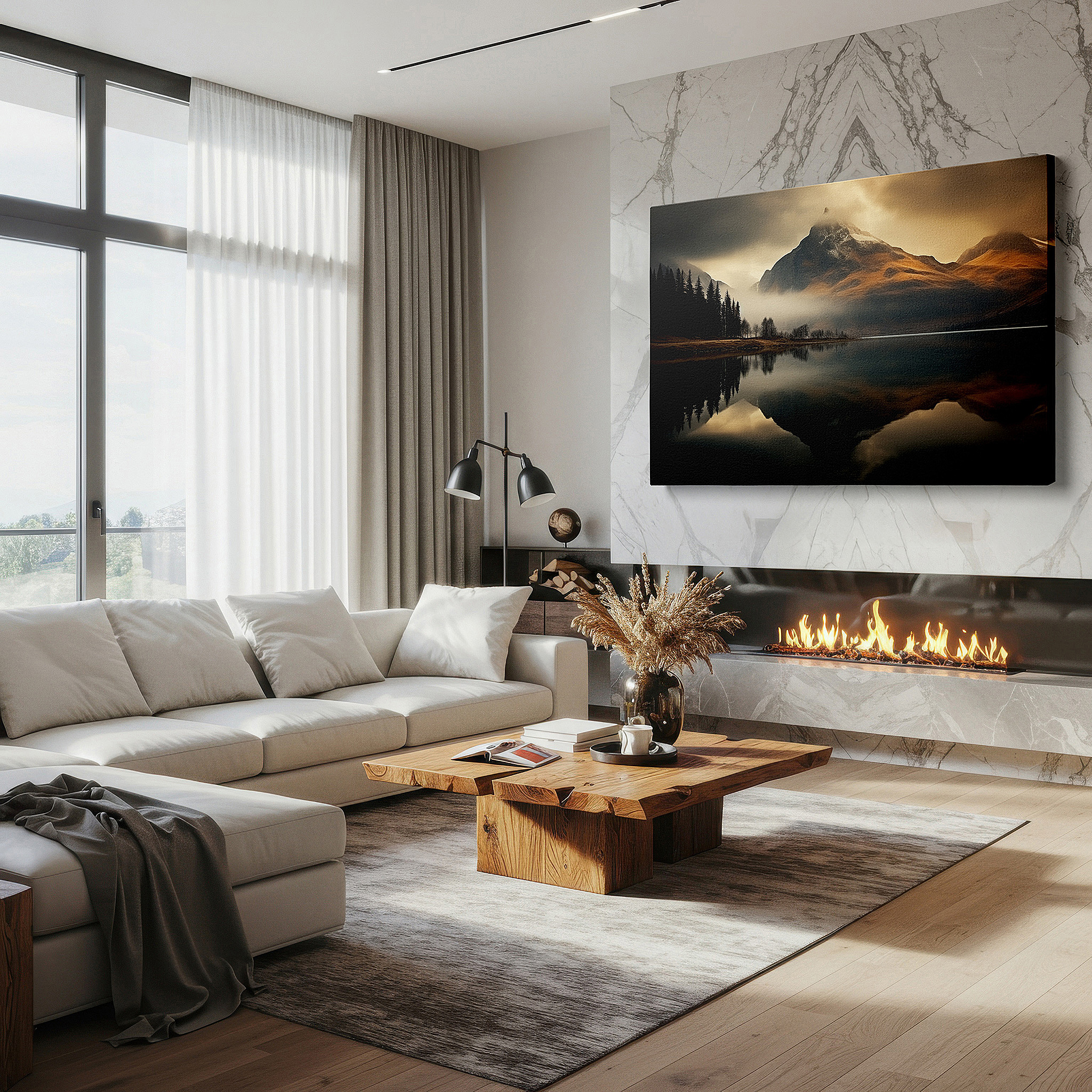 Perfectly sized at 45×30 cm for accenting shelves or narrow walls — golden sunset over majestic mountains and tranquil lake reflections large canvas wall art for office and bedroom decor