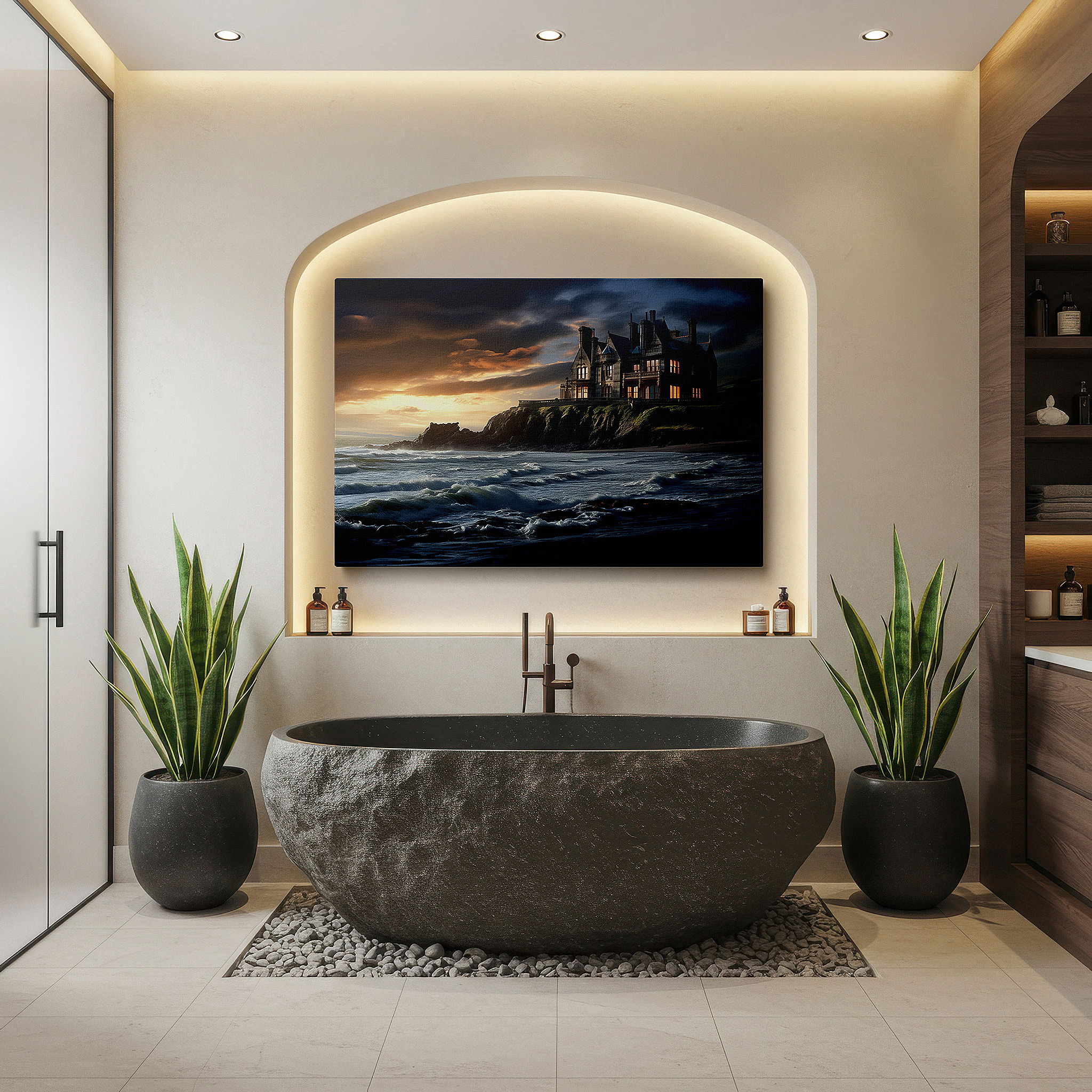 Perfectly sized at 45×30 cm for accenting shelves or narrow walls — gothic mansion on cliff overlooking stormy seas, sunset illuminates the horizon, large canvas wall art for home and office decor