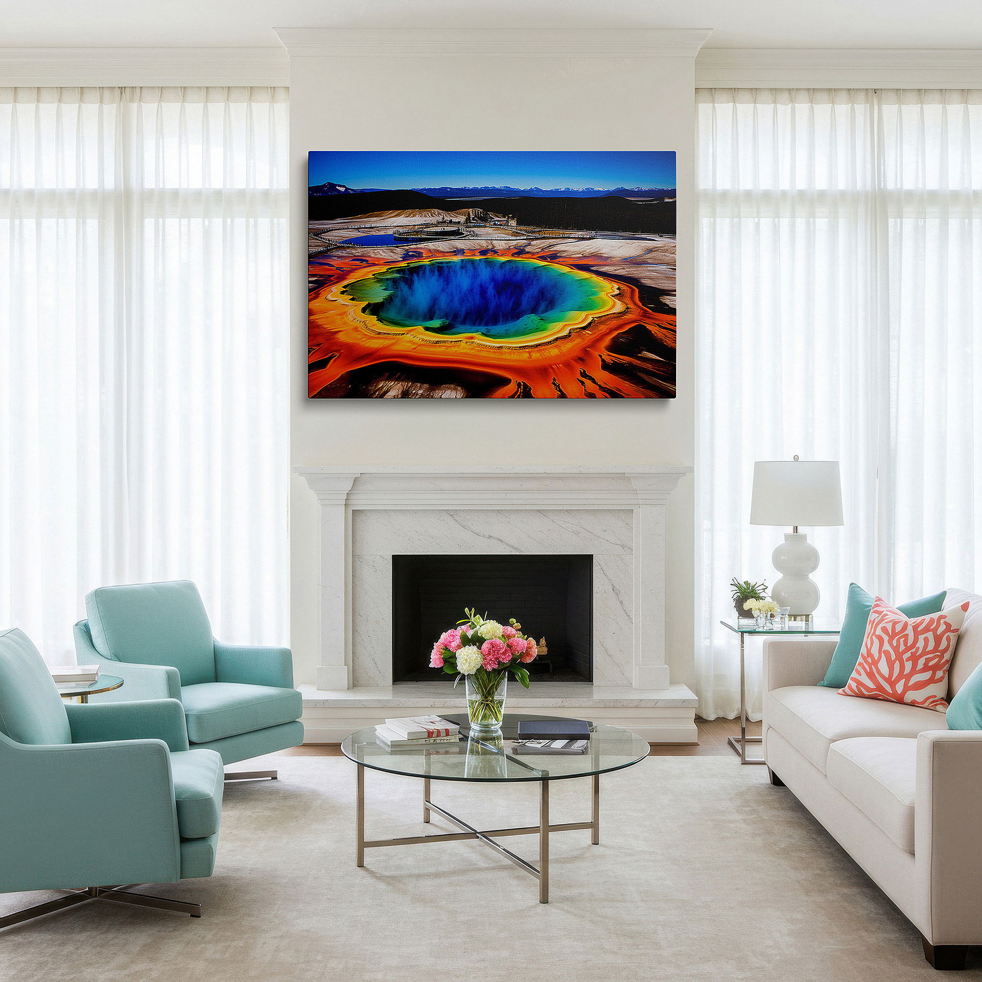 Perfectly sized at 45×30 cm for accenting shelves or narrow walls — grand prismatic spring aerial view: yellowstone's colorful natural palette - large canvas wall art for home and office decor