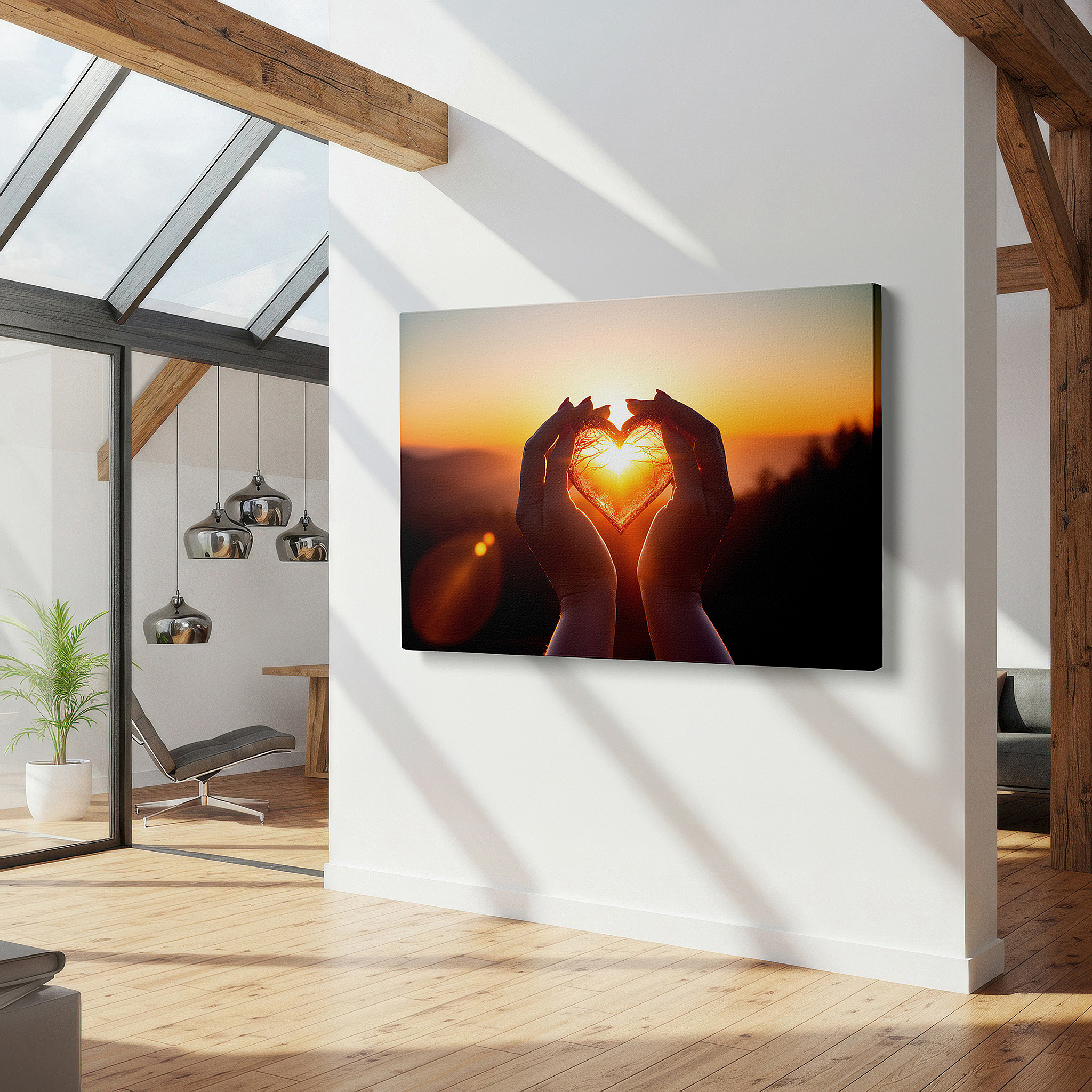 Perfectly sized at 45×30 cm for accenting shelves or narrow walls — heart-shaped hands at sunset wall art, representing unity and love - ideal for office, living room, or bedroom decor