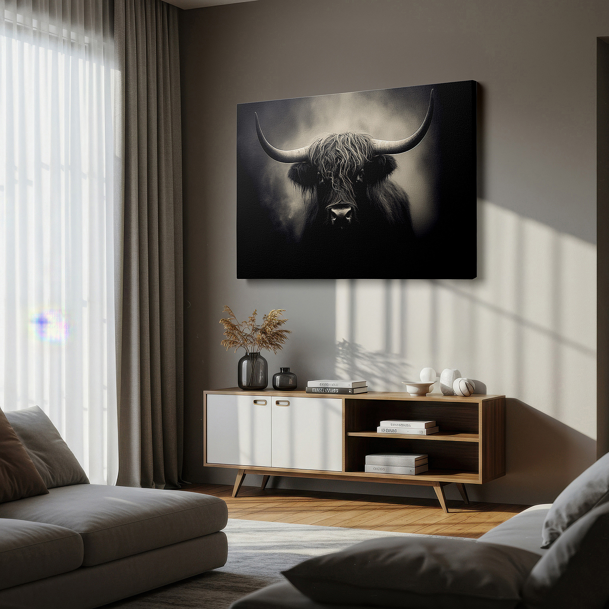 Perfectly sized at 45×30 cm for accenting shelves or narrow walls — highland cow portrait - resilience and beauty in nature large wall art, canvas wall art, wall decor for office and bedroom