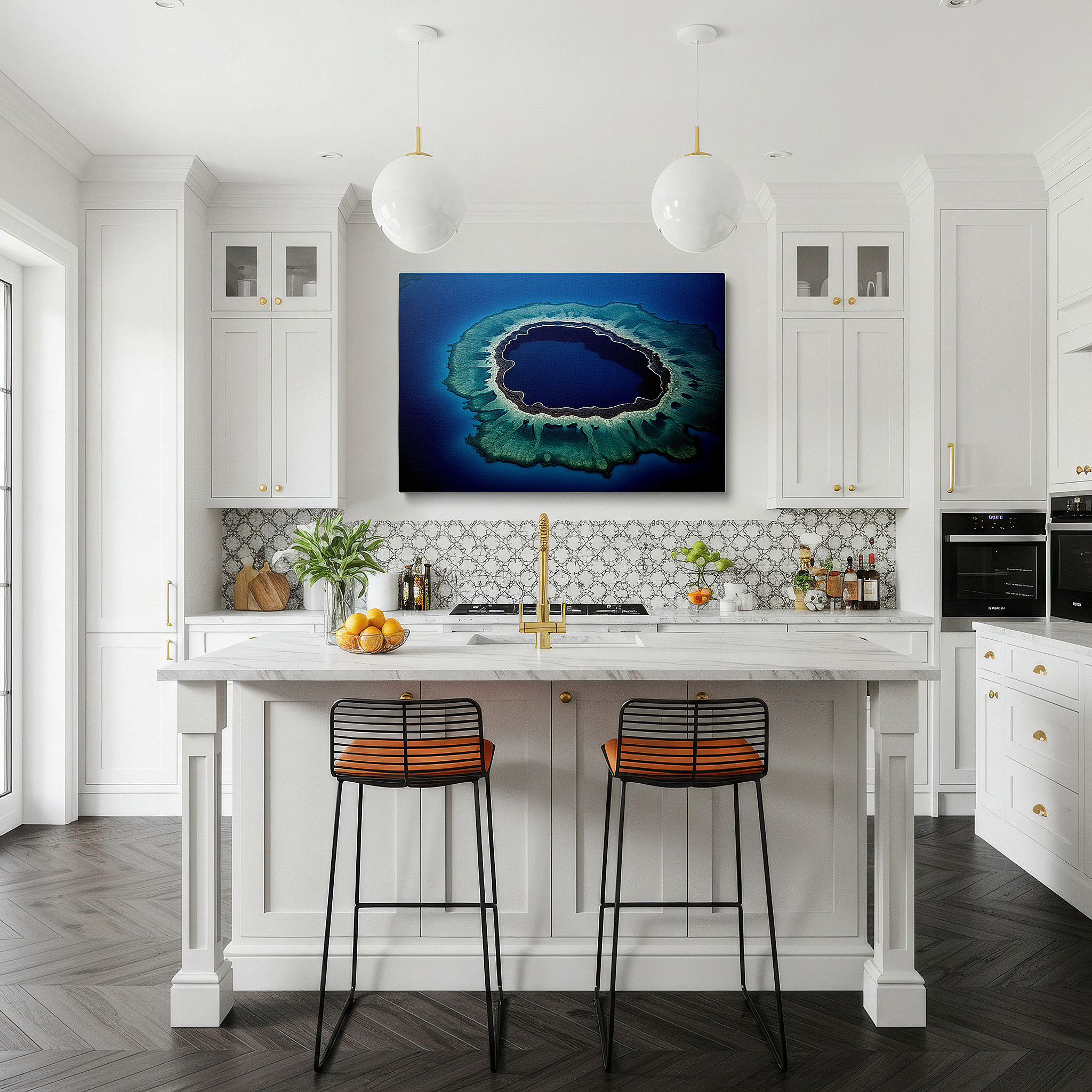 Perfectly sized at 45×30 cm for accenting shelves or narrow walls — lagoon aerial view: serene harmony of vivid coral, large canvas wall art for office decor