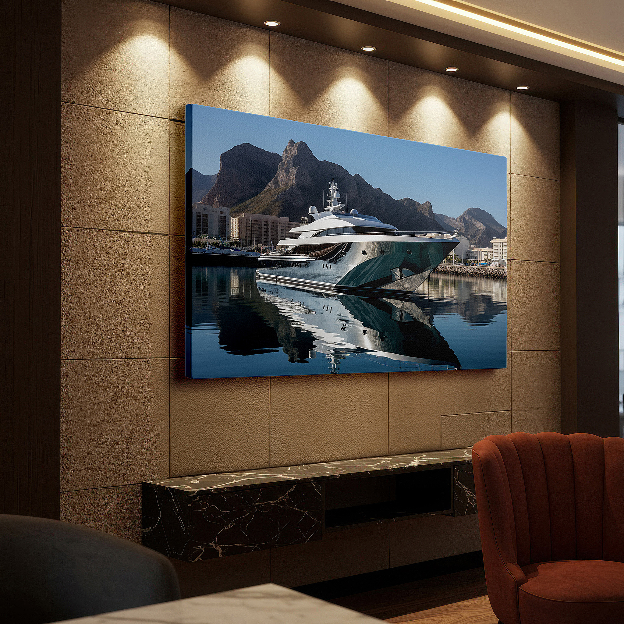 Perfectly sized at 45×30 cm for accenting shelves or narrow walls — luxurious coastal serenity: majestic yacht and misty mountain canvas wall art for office and bedroom decor