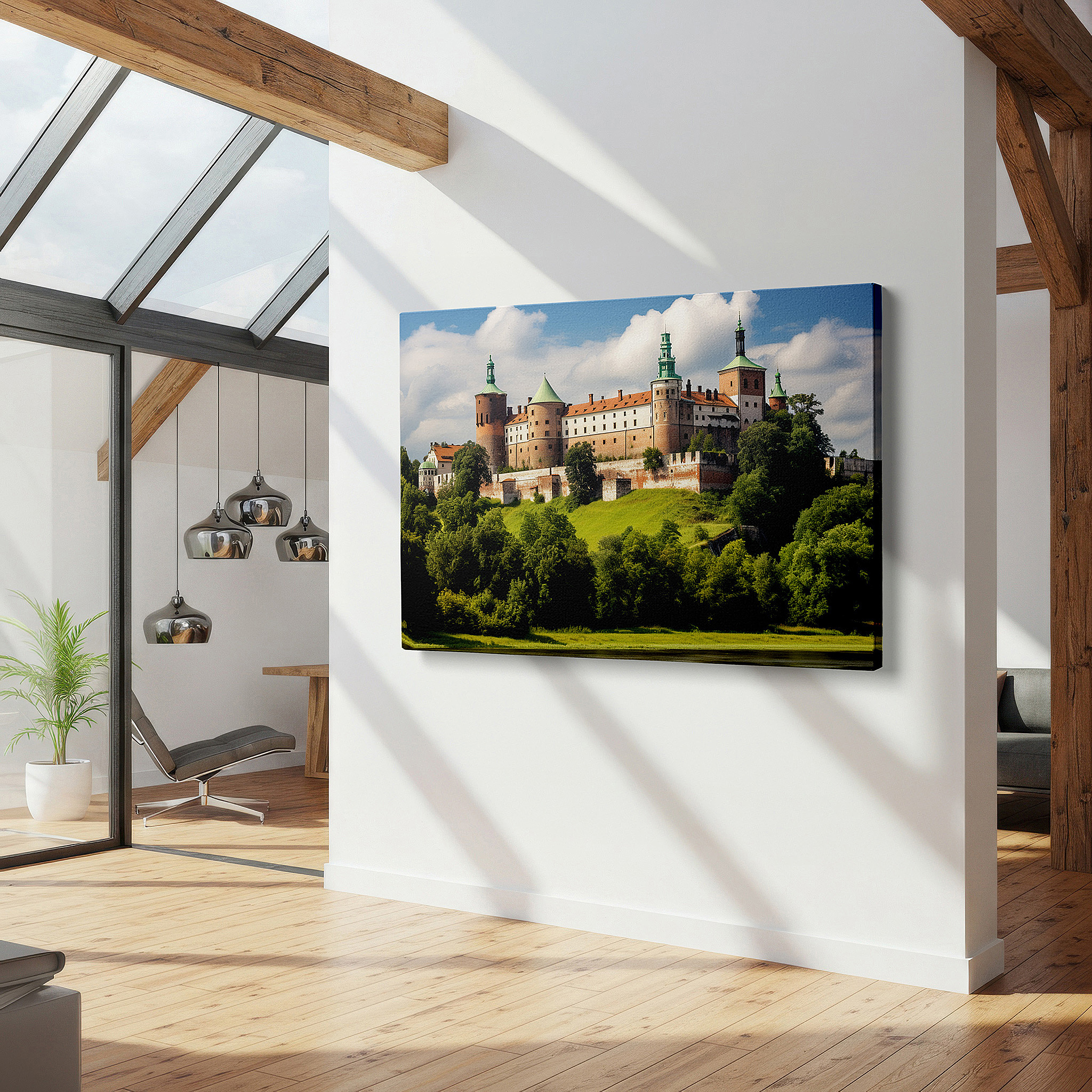 Perfectly sized at 45×30 cm for accenting shelves or narrow walls — majestic castle on a hill, medieval splendor surrounded by verdant greenery and peaceful waters - large canvas wall art for office decor