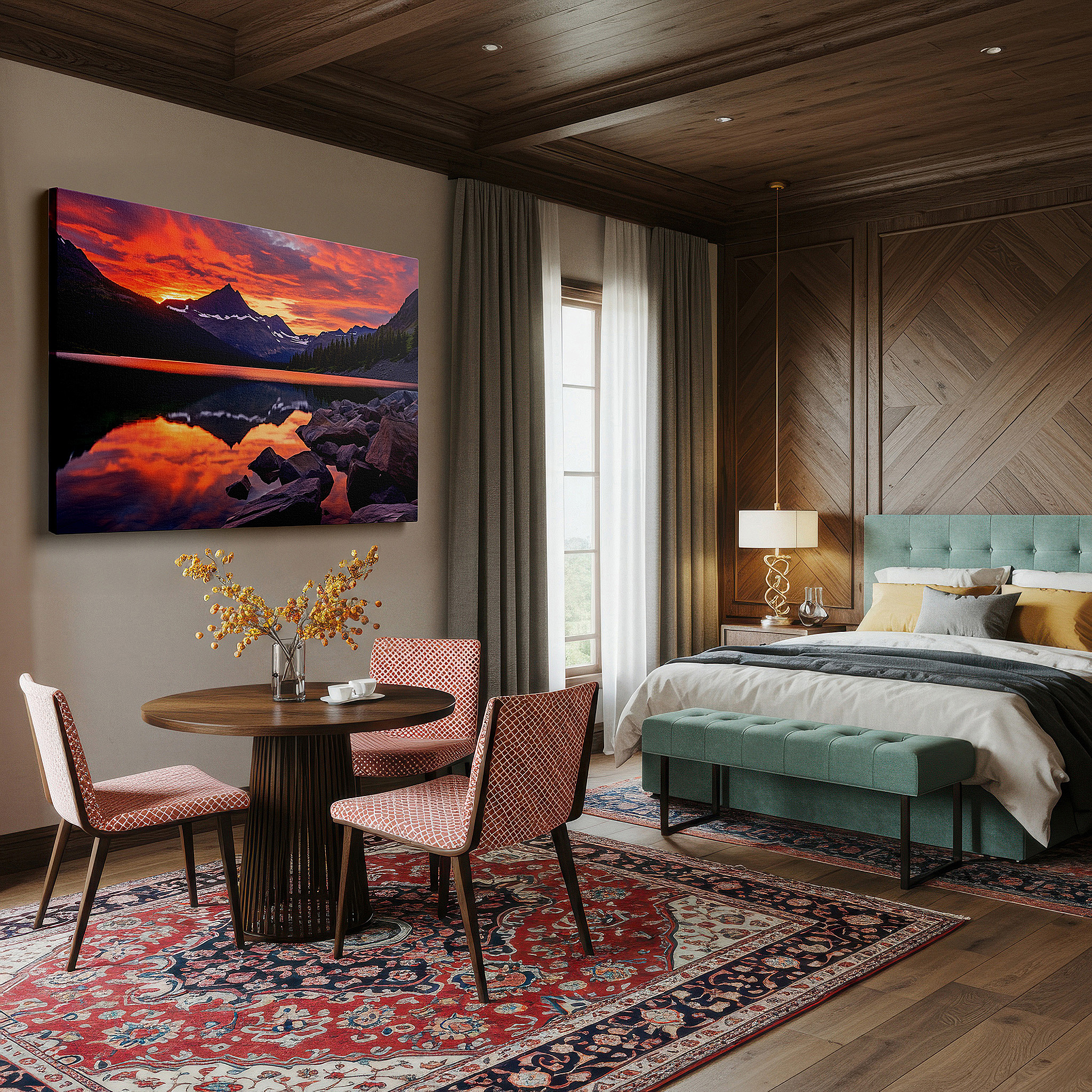 Perfectly sized at 45×30 cm for accenting shelves or narrow walls — majestic mountain peaks reflected in tranquil waters at dawn - large canvas wall art for office and bedroom decor