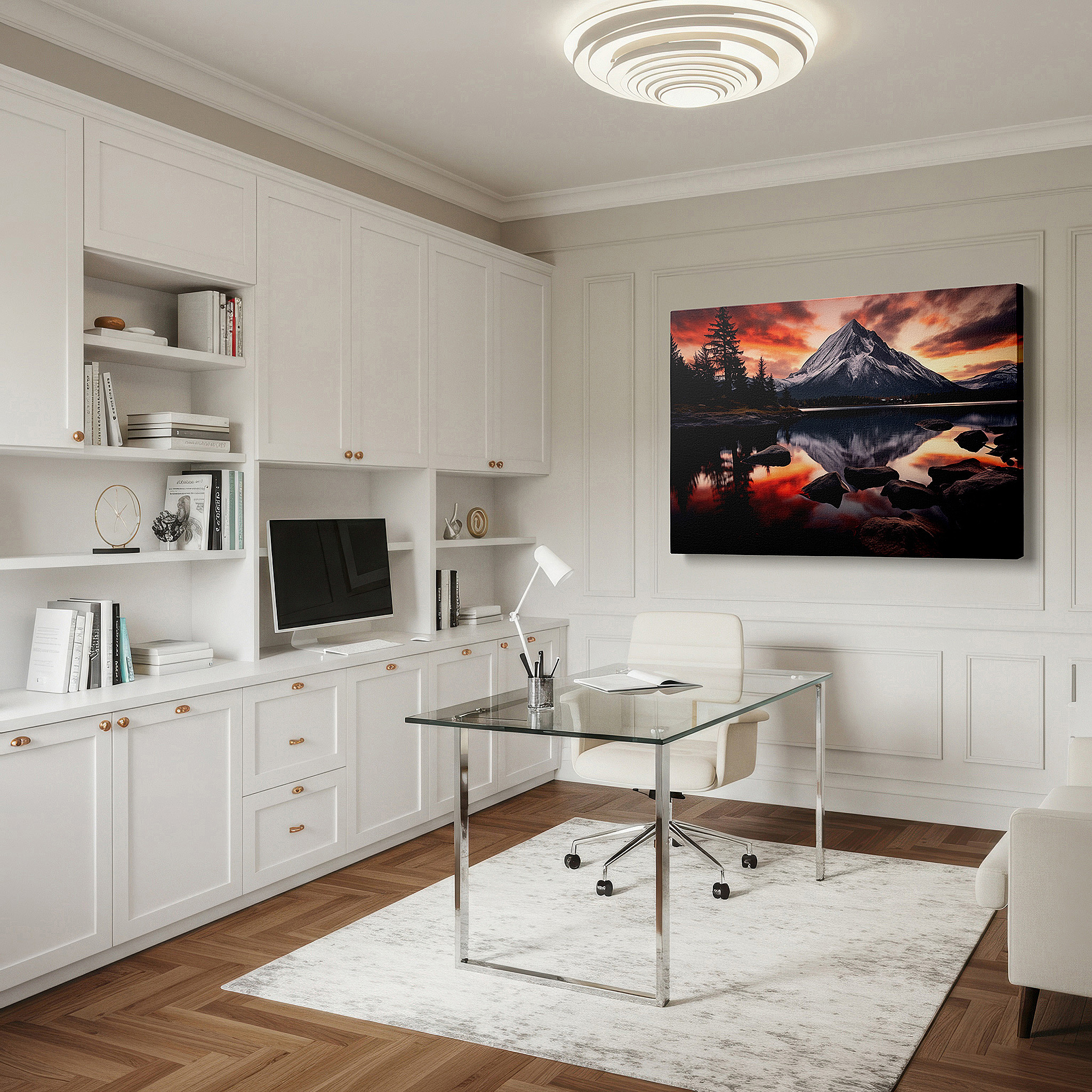 Perfectly sized at 45×30 cm for accenting shelves or narrow walls — majestic mountain sunset and tranquil lake reflection large canvas wall art for office, bedroom, and living room decor