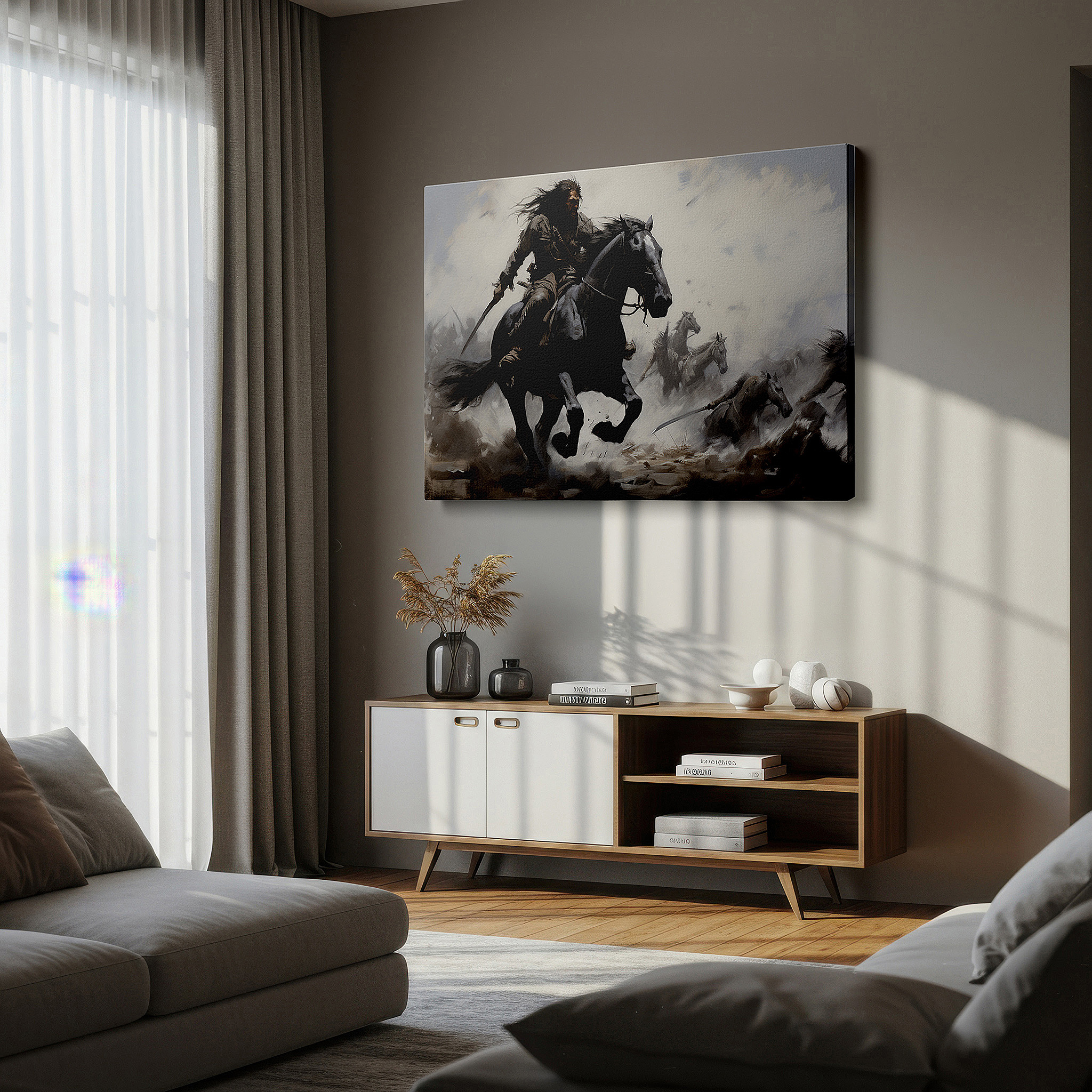 Perfectly sized at 45×30 cm for accenting shelves or narrow walls — majestic warrior on black horse storms across battlefield center - large canvas wall art for office and bedroom decor