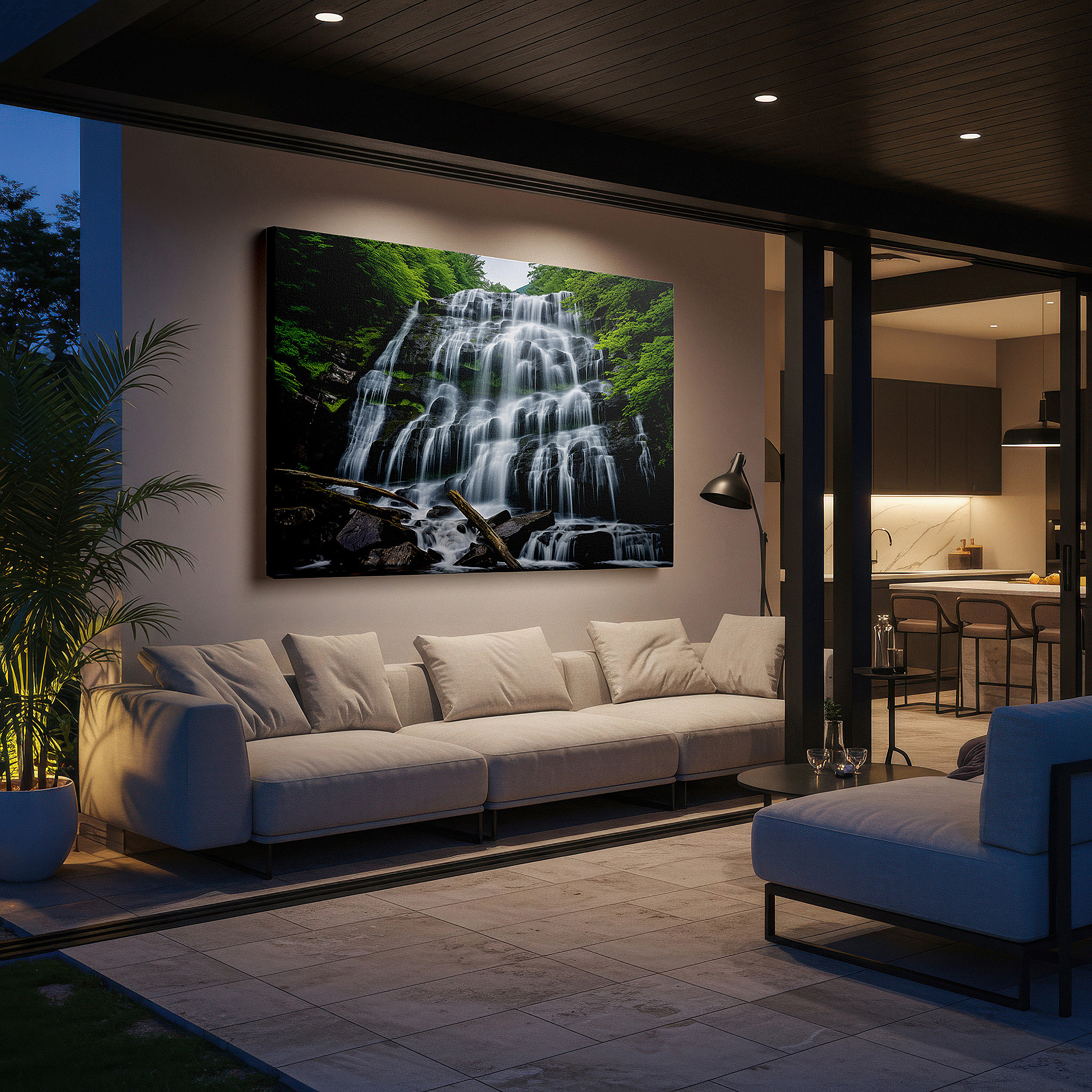 Perfectly sized at 45×30 cm for accenting shelves or narrow walls — majestic waterfall surrounded by lush forest, serene getaway with vibrant greenery and dynamic lighting, large wall art, canvas wall art, wall decor for office