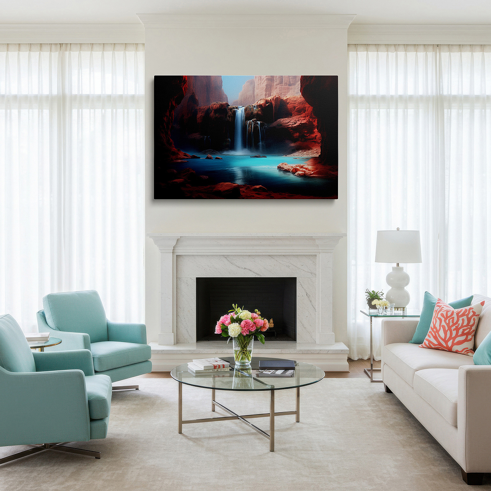 Perfectly sized at 45×30 cm for accenting shelves or narrow walls — majestic waterfalls and rugged red rocks - tranquil yet vibrant scenery large wall art, canvas wall art, wall decor, office wall art, bedroom wall art