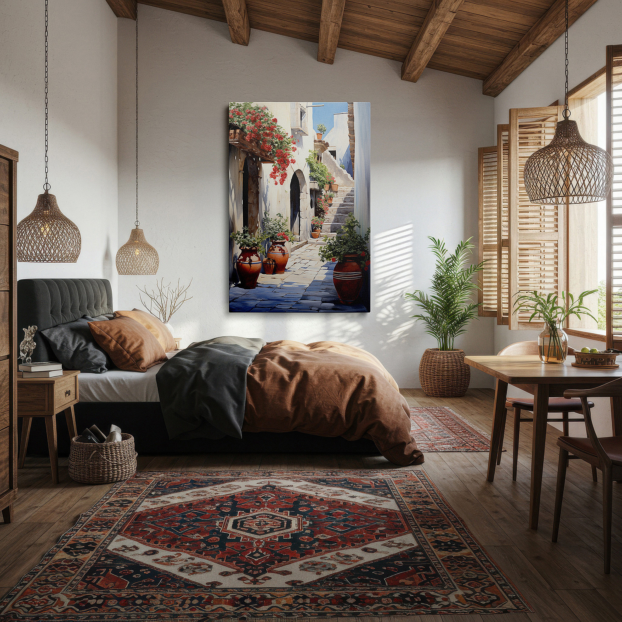 Perfectly sized at 45×30 cm for accenting shelves or narrow walls — mediterranean alleyway canvas art: sunlit cobblestones and blooming flowers - large wall decor for office and bedroom