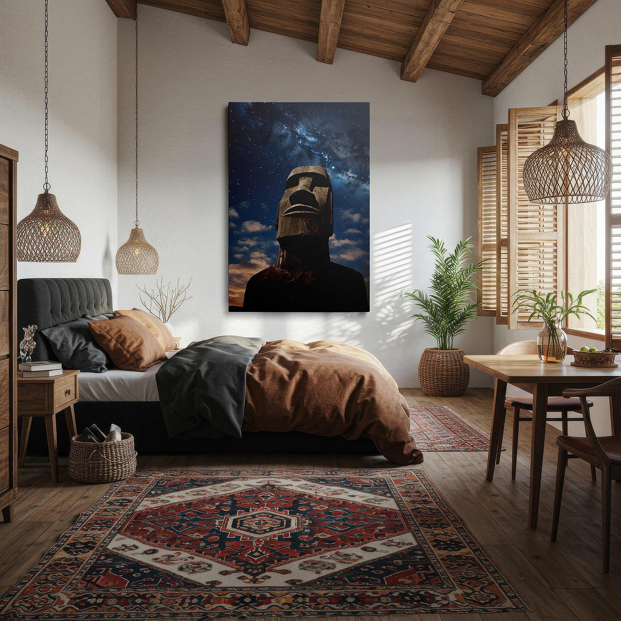 Perfectly sized at 45×30 cm for accenting shelves or narrow walls — moai statue beneath a starlit sky: a celestial dance of ancient mystique and cosmic wonder - large wall art, canvas wall art, wall decor for office