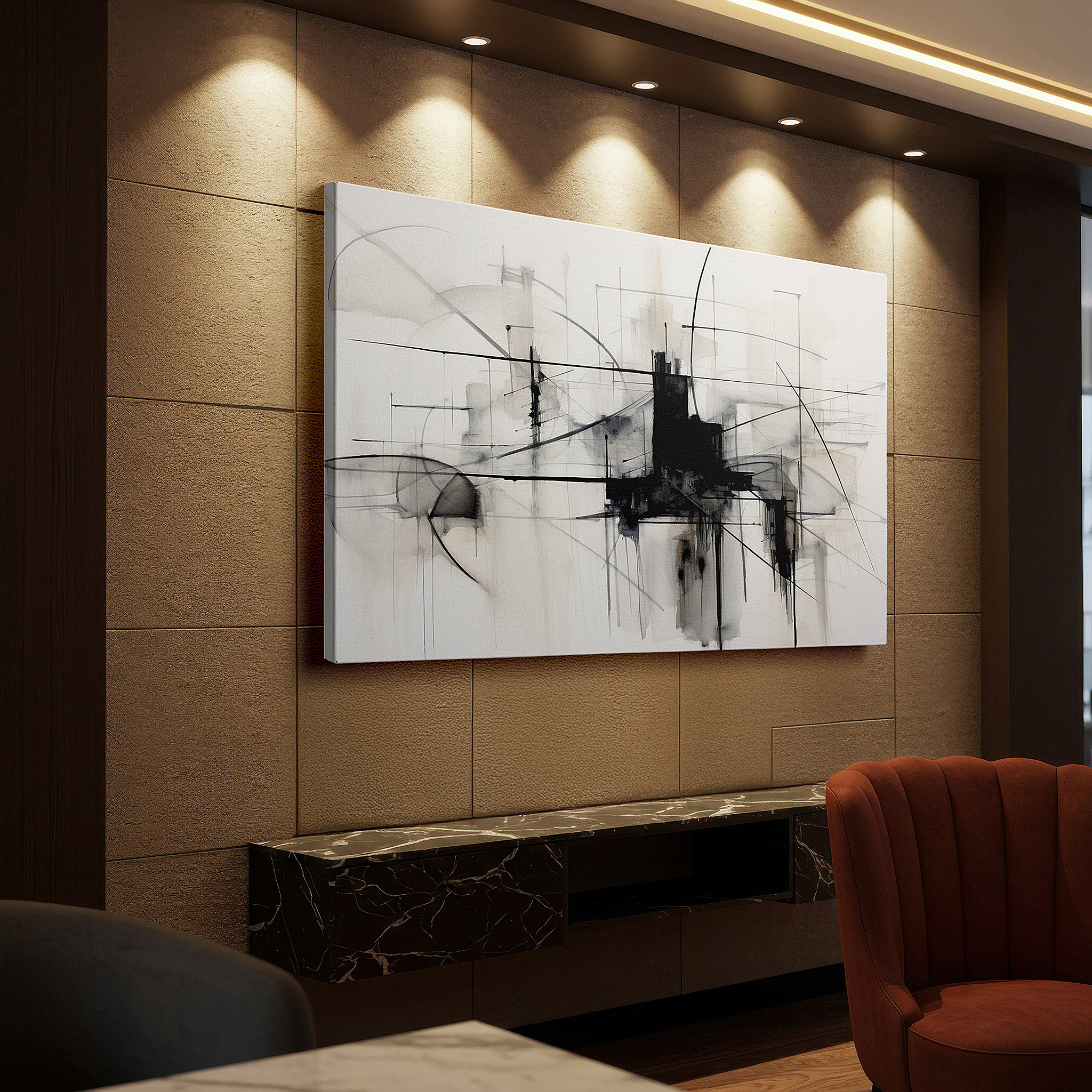 Perfectly sized at 45×30 cm for accenting shelves or narrow walls — monochromatic intricacy in black and white: a profound contemporary art statement - large wall art, canvas wall art, office wall decor