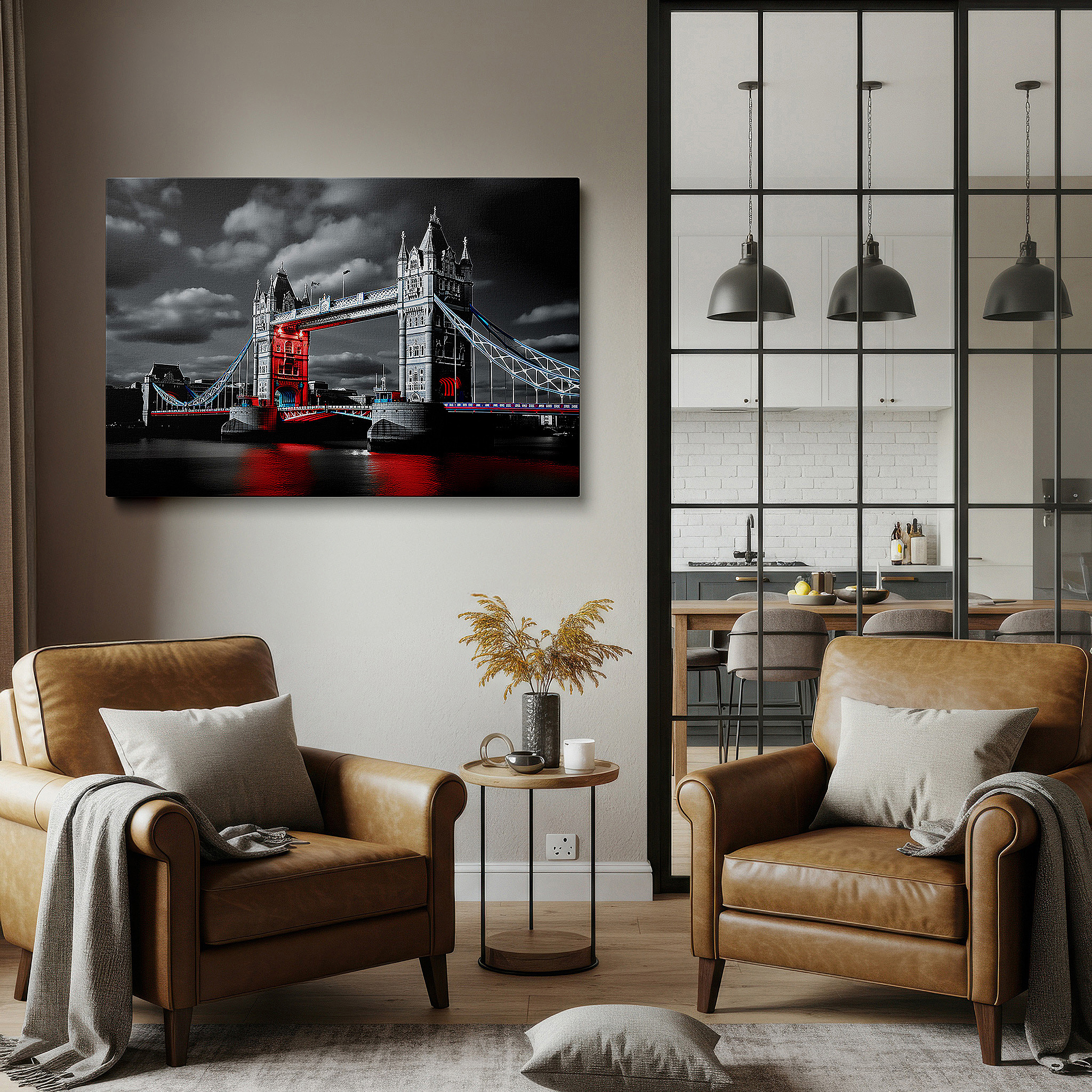 Perfectly sized at 45×30 cm for accenting shelves or narrow walls — monochrome tower bridge with red accents - blending historical charm and contemporary style, large canvas wall art for office decor