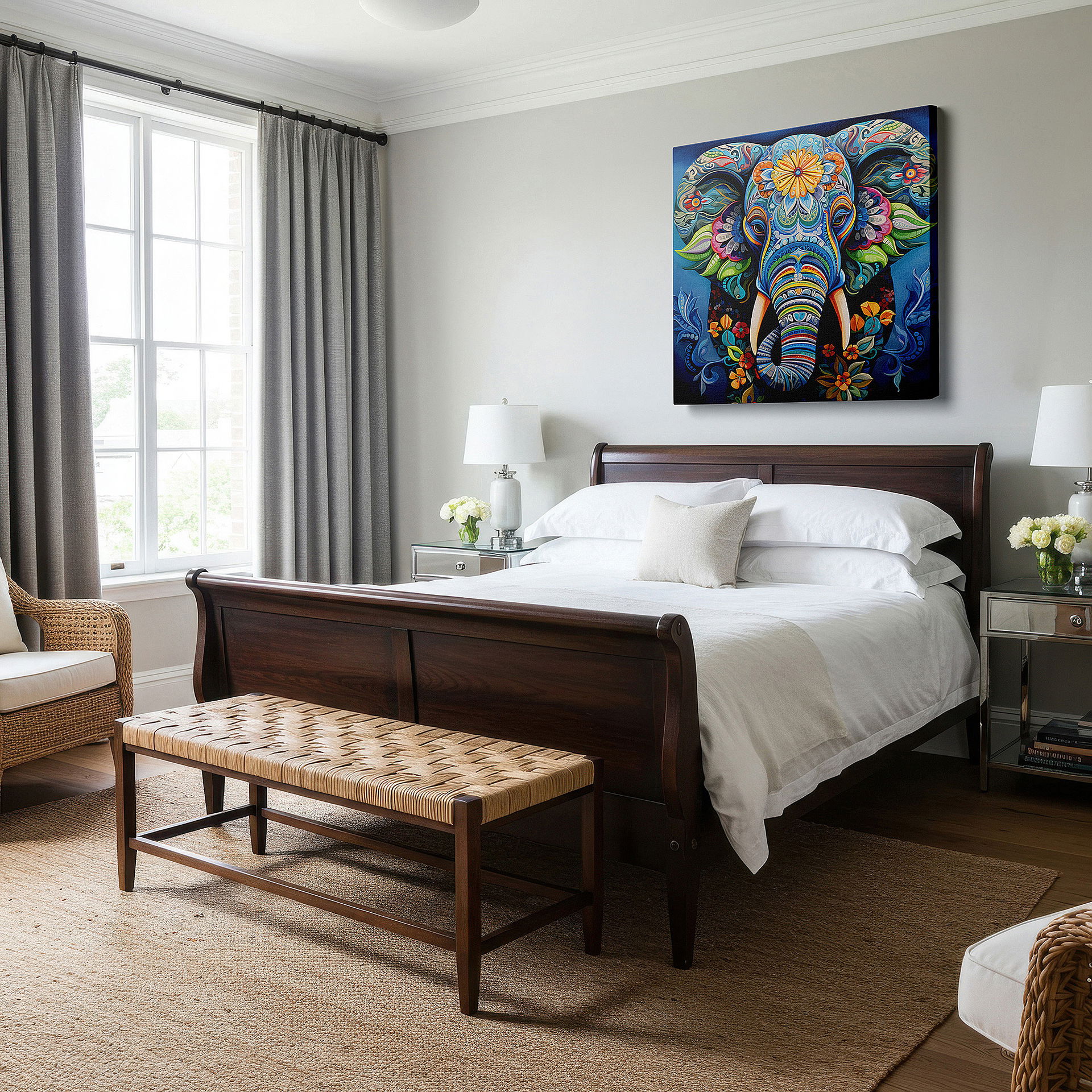 Perfectly sized at 45×30 cm for accenting shelves or narrow walls — mystical blue elephant wall art featuring floral and