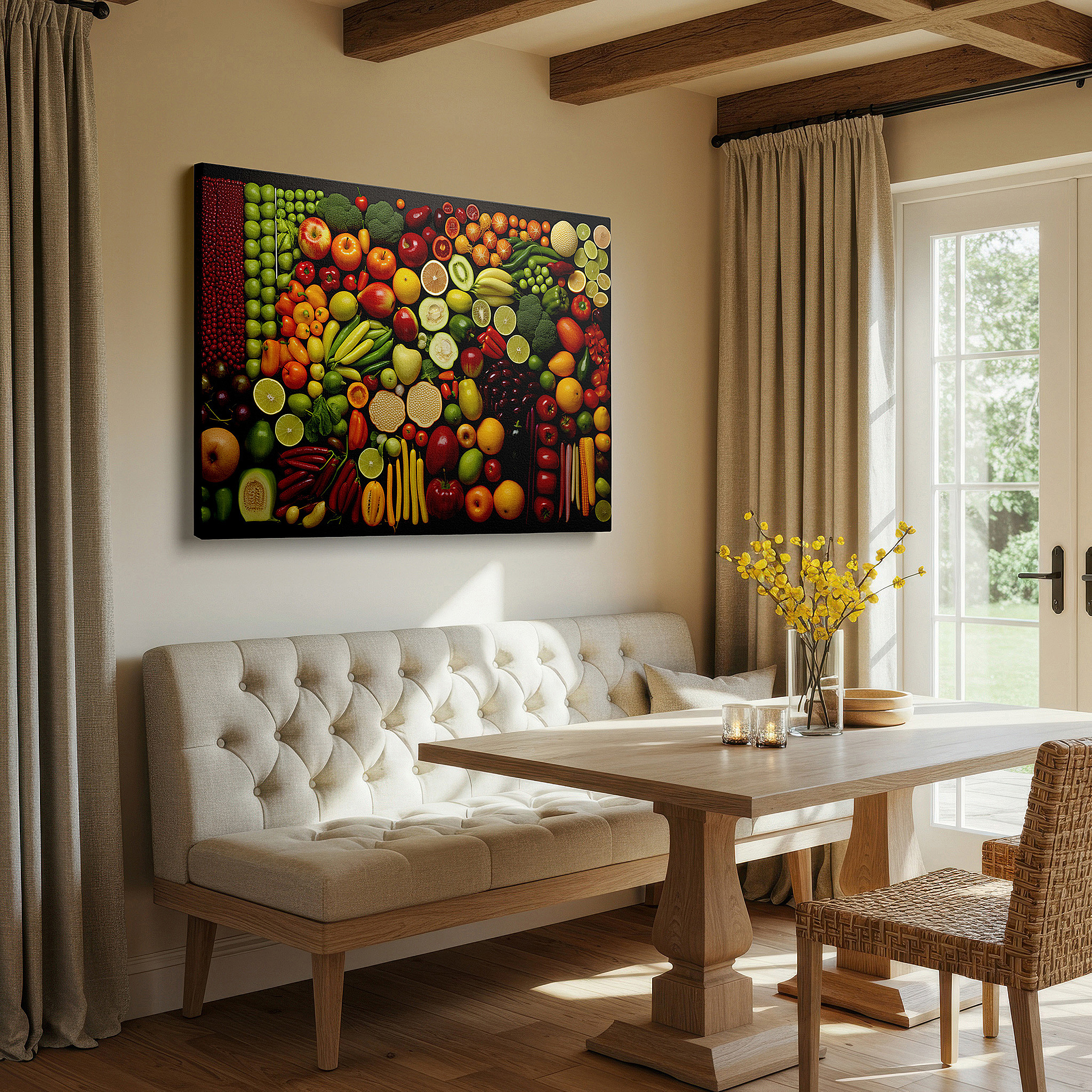 Perfectly sized at 45×30 cm for accenting shelves or narrow walls — nature's bounty celebration: vibrant fruits and vegetables large wall art, canvas decor for office and bedroom