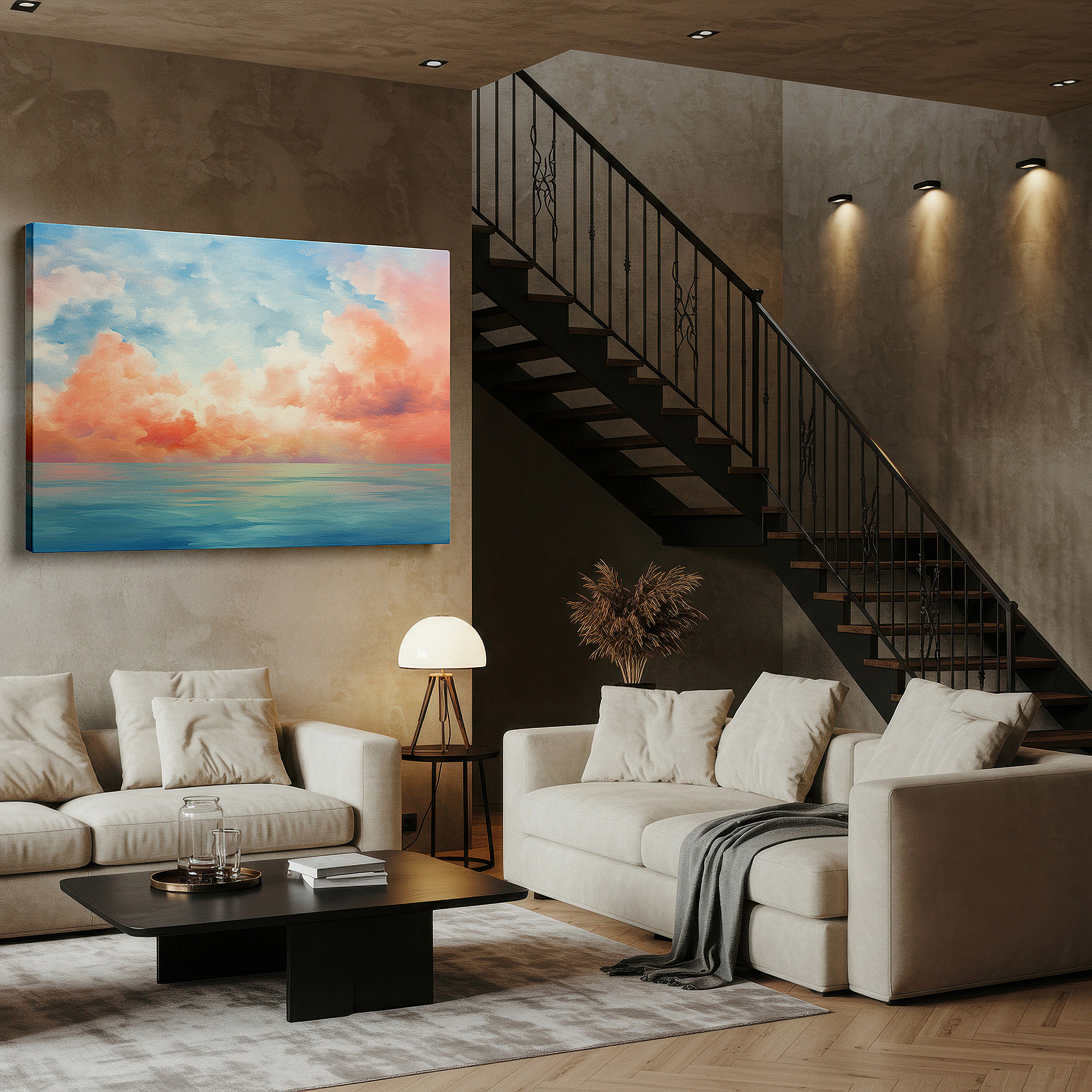 Perfectly sized at 45×30 cm for accenting shelves or narrow walls — pastel tones of serene sky and water, perfect for tranquil reflection and calm - large wall art, canvas wall art, wall decor for office and bedroom
