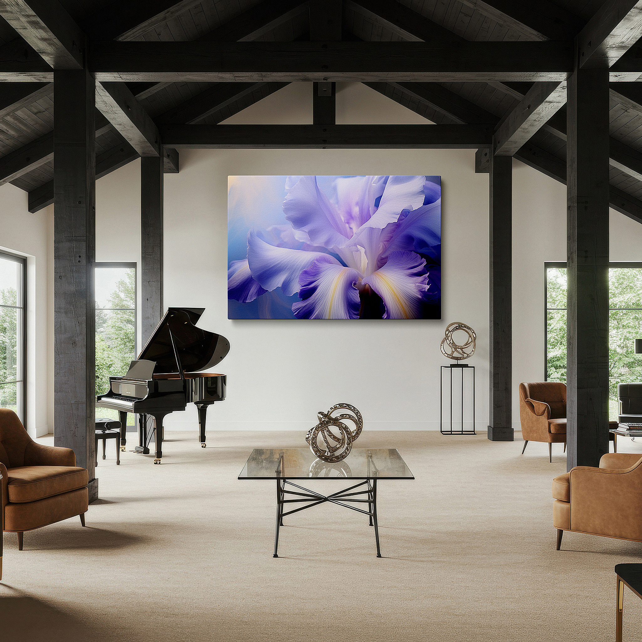 Perfectly sized at 45×30 cm for accenting shelves or narrow walls — purple iris close-up: serene masterpiece for tranquil spaces - large canvas wall art ideal for office and bedroom decor