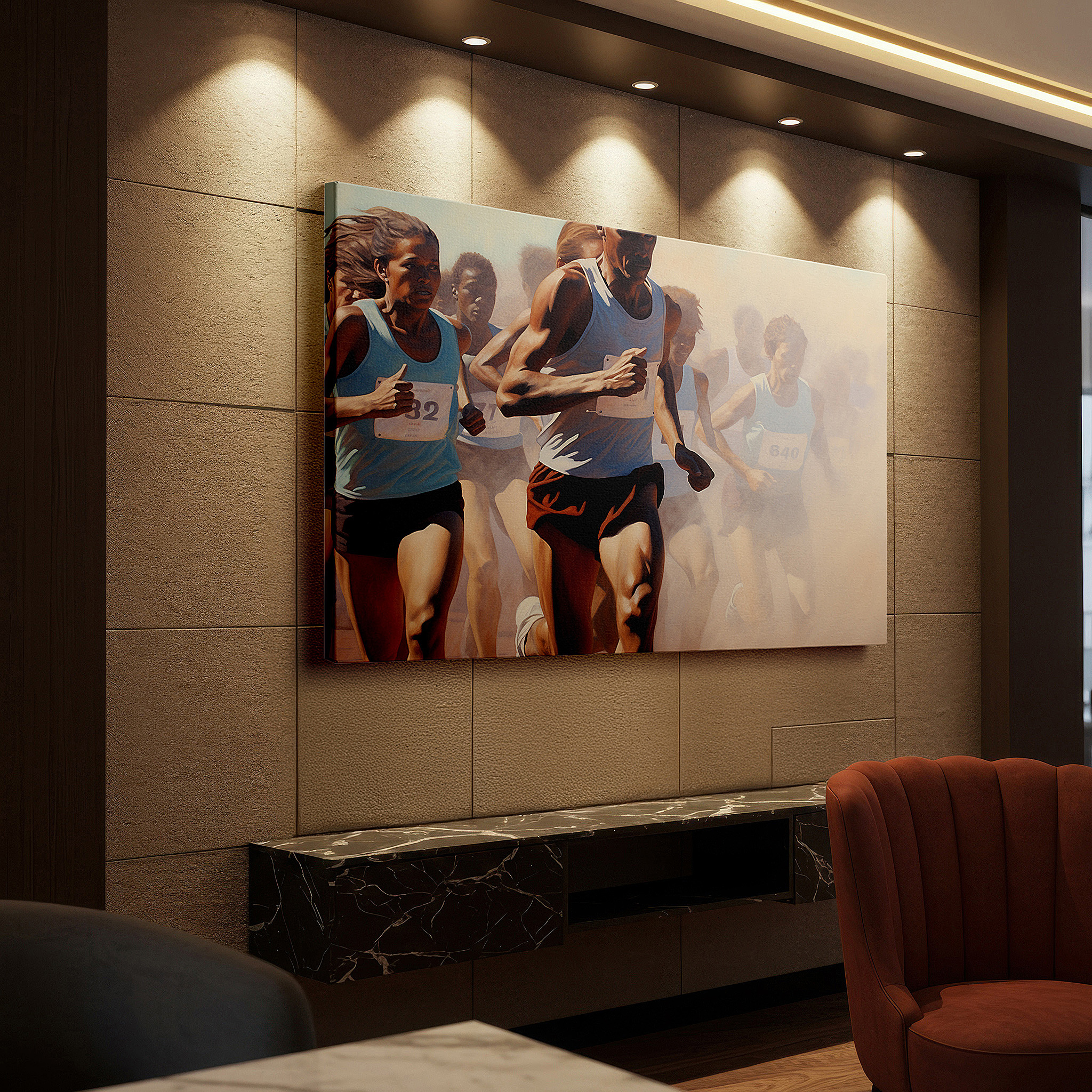 Perfectly sized at 45×30 cm for accenting shelves or narrow walls — runners in motion: a striking display of focus, determination, and unity - large wall art, canvas wall art, wall decor for office and bedroom