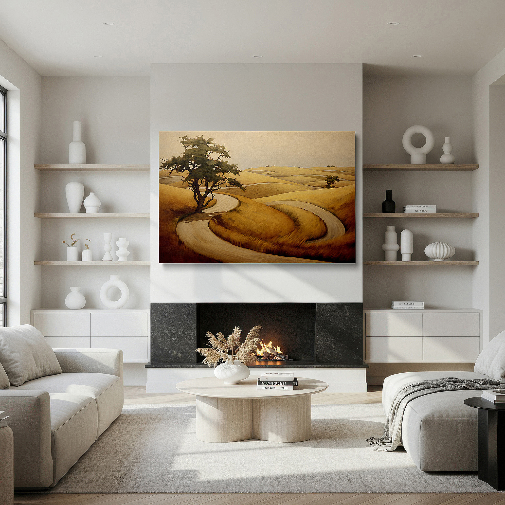 Perfectly sized at 45×30 cm for accenting shelves or narrow walls — serene abstract landscape featuring rolling hills and a lone tree - large canvas wall art for home and office decor