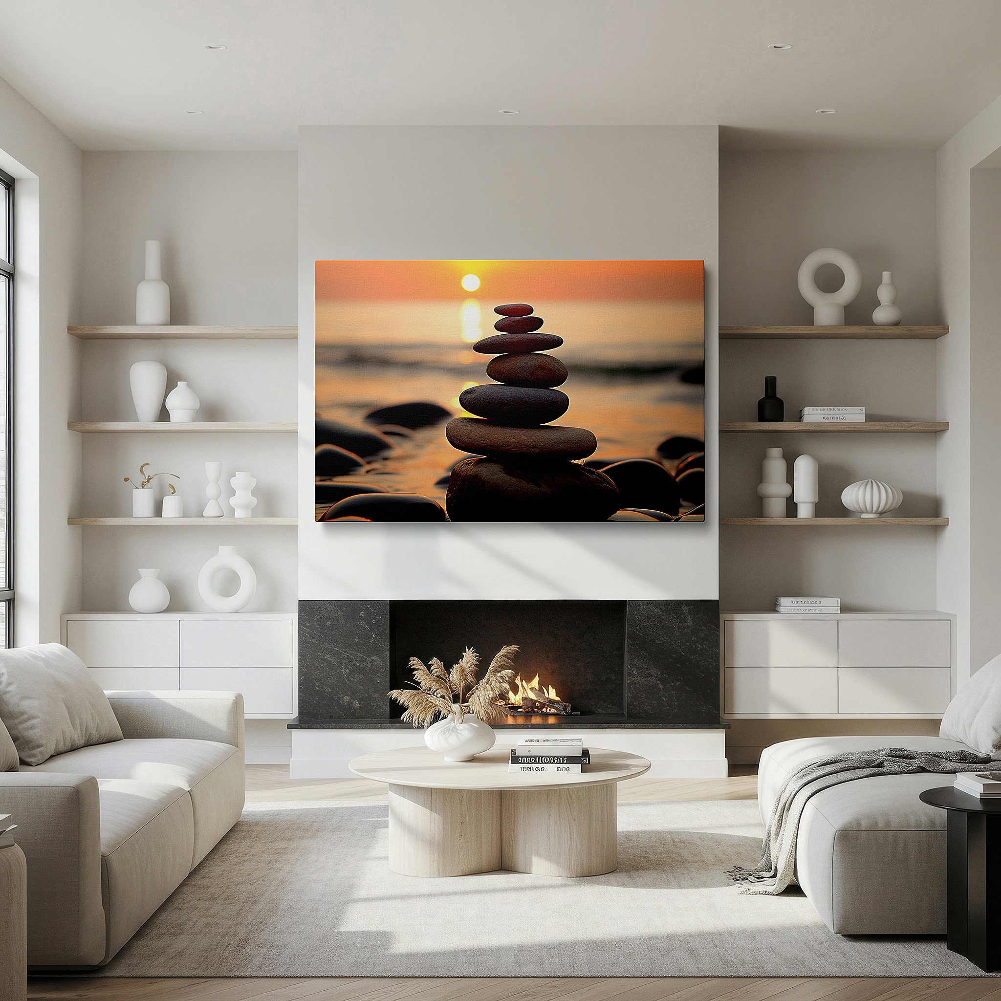 Perfectly sized at 45×30 cm for accenting shelves or narrow walls — serene beach sunset and balanced stone stack canvas wall art for office, bedroom, and living room decor