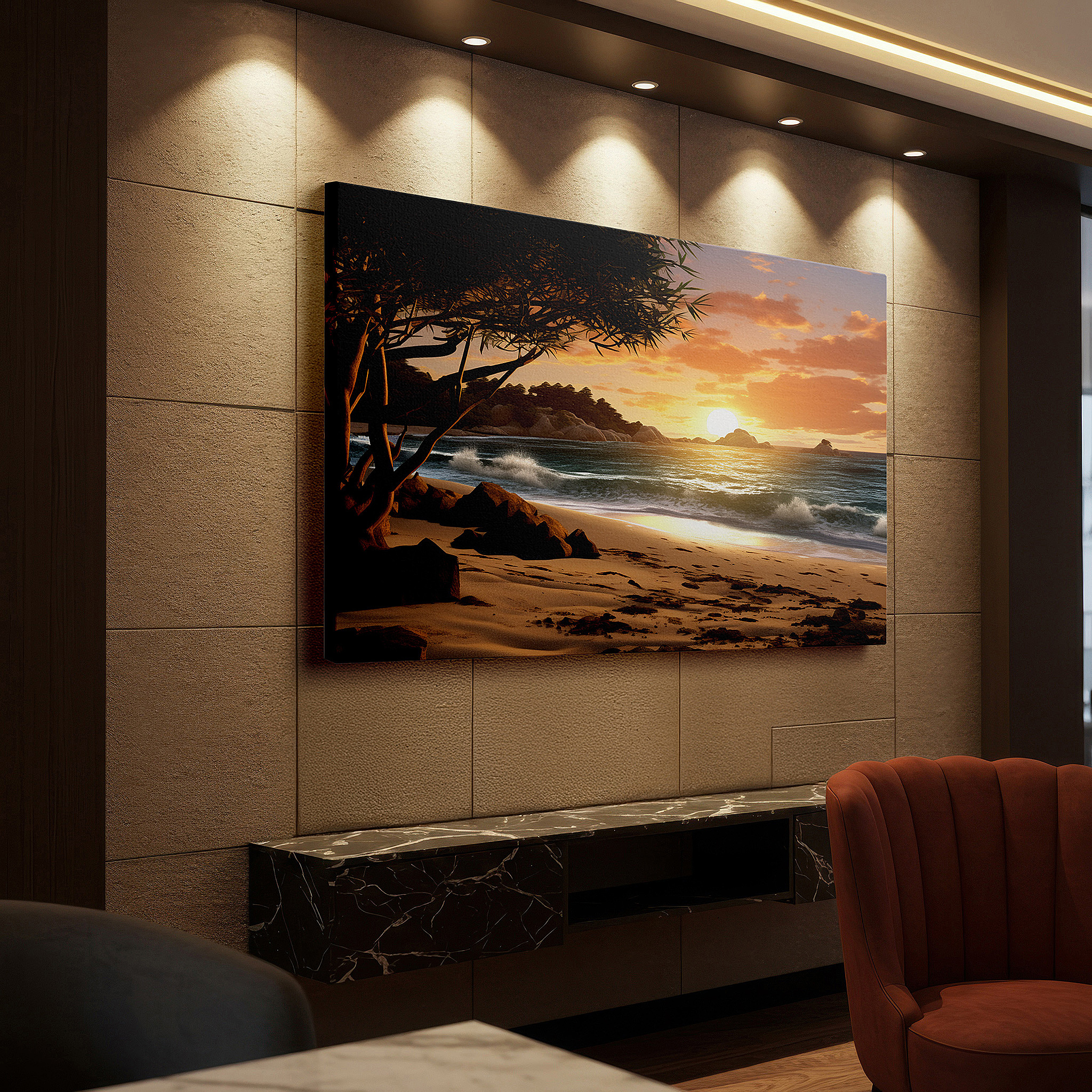 Perfectly sized at 45×30 cm for accenting shelves or narrow walls — serene beach sunset with verdant foliage and soft waves - oversized wall art for office, bedroom, and living room decor