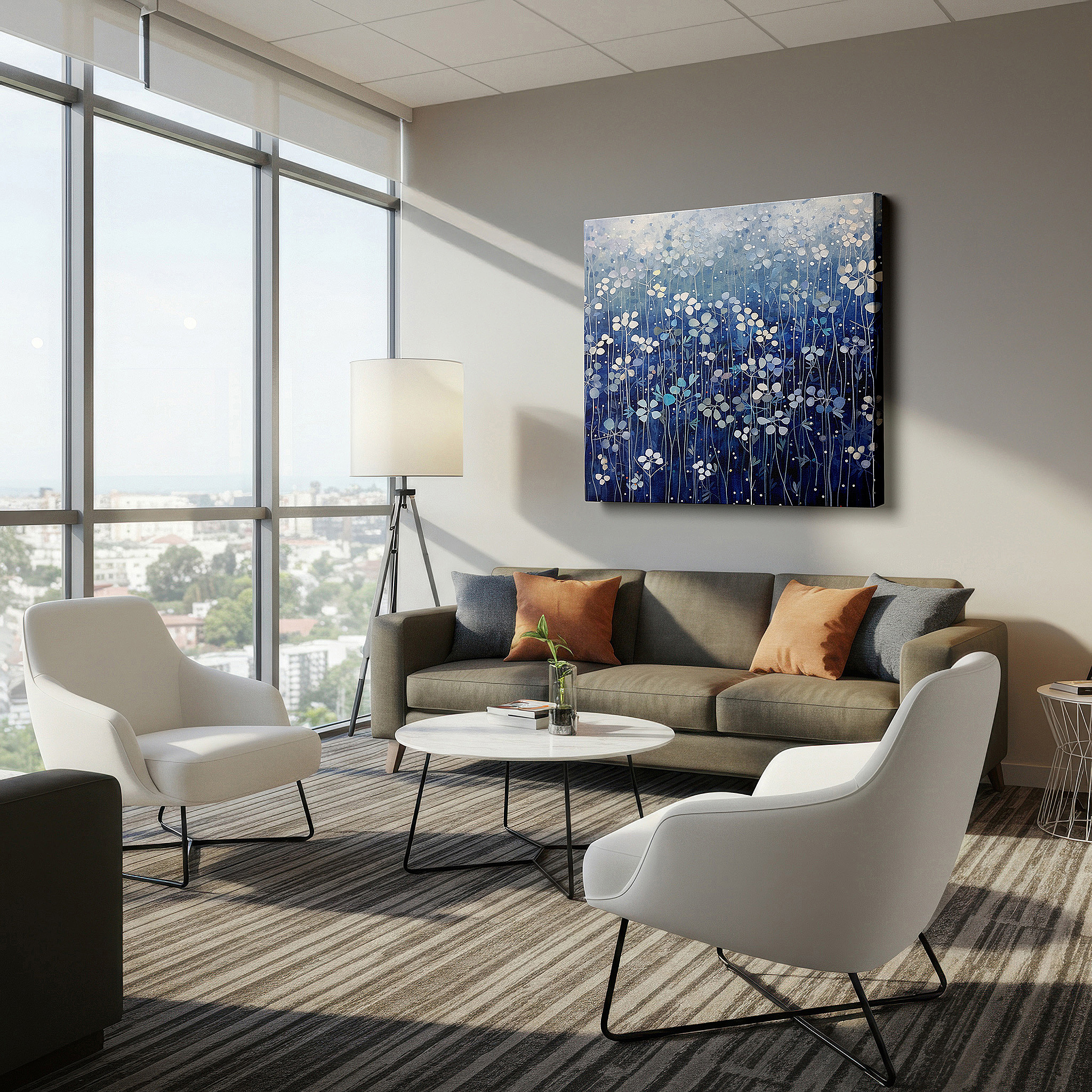 Perfectly sized at 45×30 cm for accenting shelves or narrow walls — serene blue and white floral wall art for tranquil spaces - large canvas decor for office, bedroom, and living room