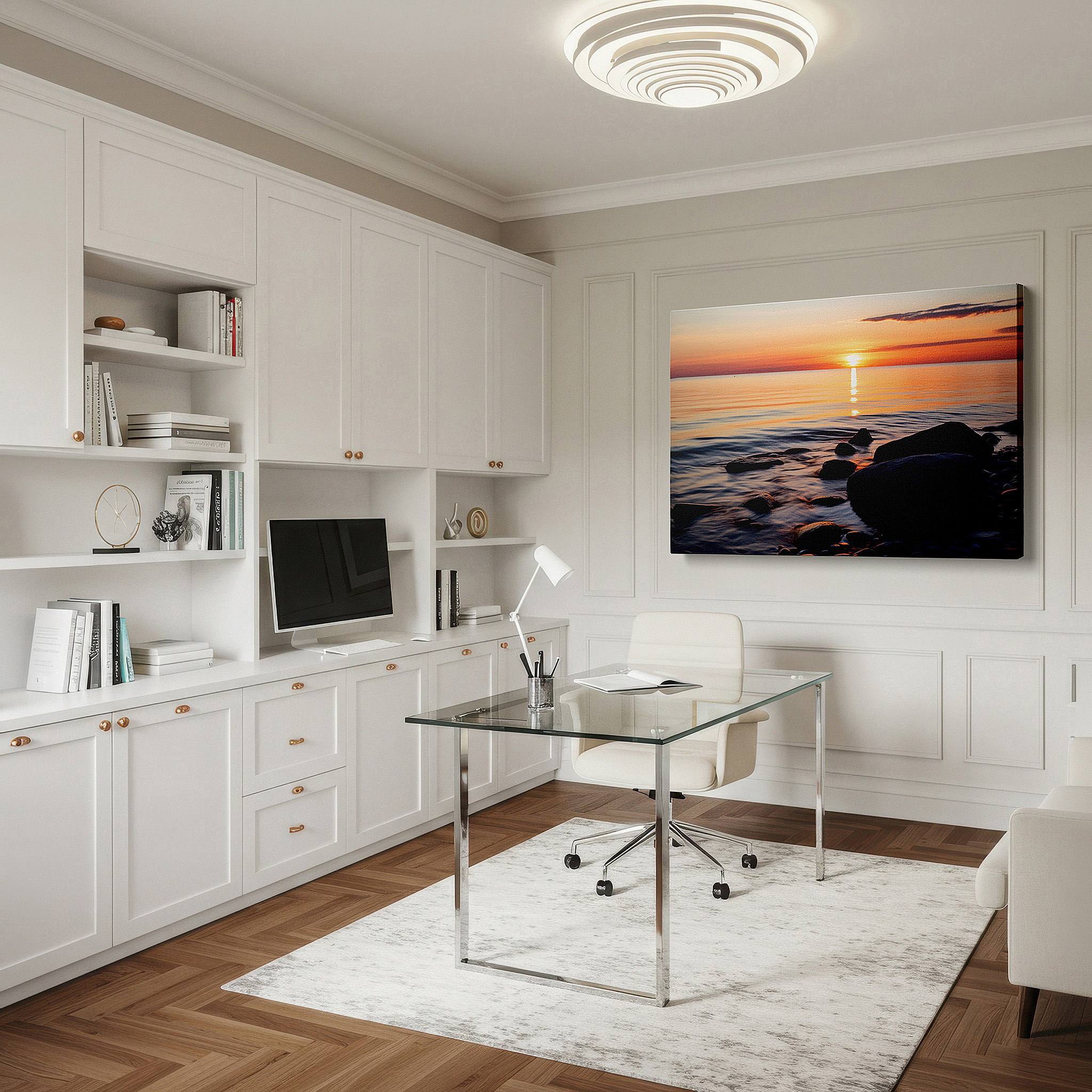 Perfectly sized at 45×30 cm for accenting shelves or narrow walls — serene evening by the sea - tranquil sunset and pebbled shoreline large wall art, canvas decor for office and bedroom