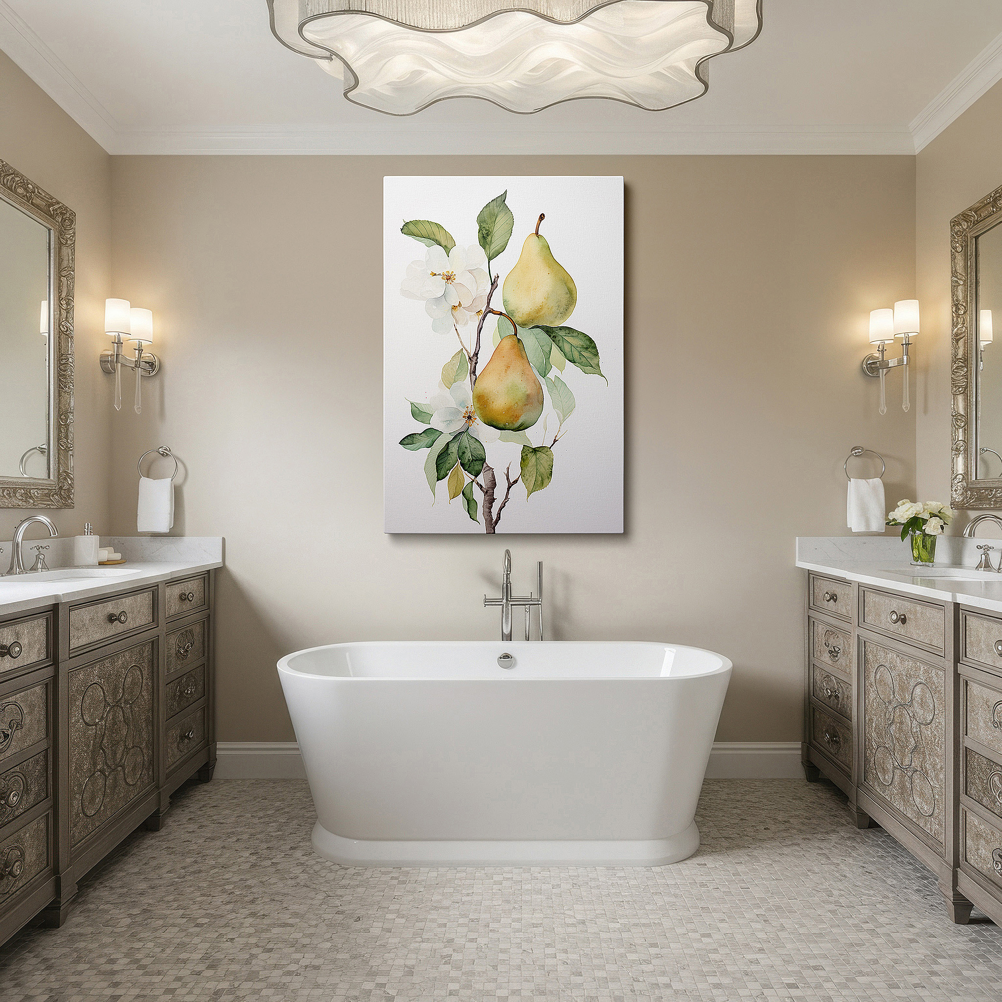 Perfectly sized at 45×30 cm for accenting shelves or narrow walls — serene garden view featuring mature pears and delicate white flowers, oversized wall art, canvas art, decorative wall art for office, bedroom, and living room