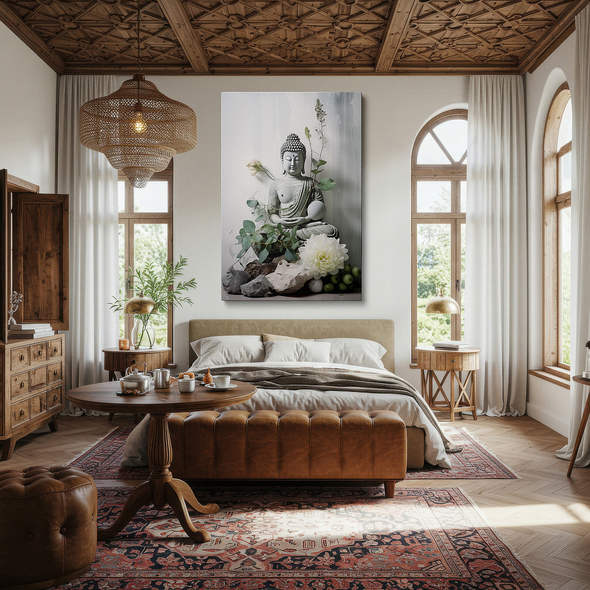 Perfectly sized at 45×30 cm for accenting shelves or narrow walls — serene green buddha wall art with vibrant florals - large canvas for tranquil spiritual journey - ideal for office and bedroom decor