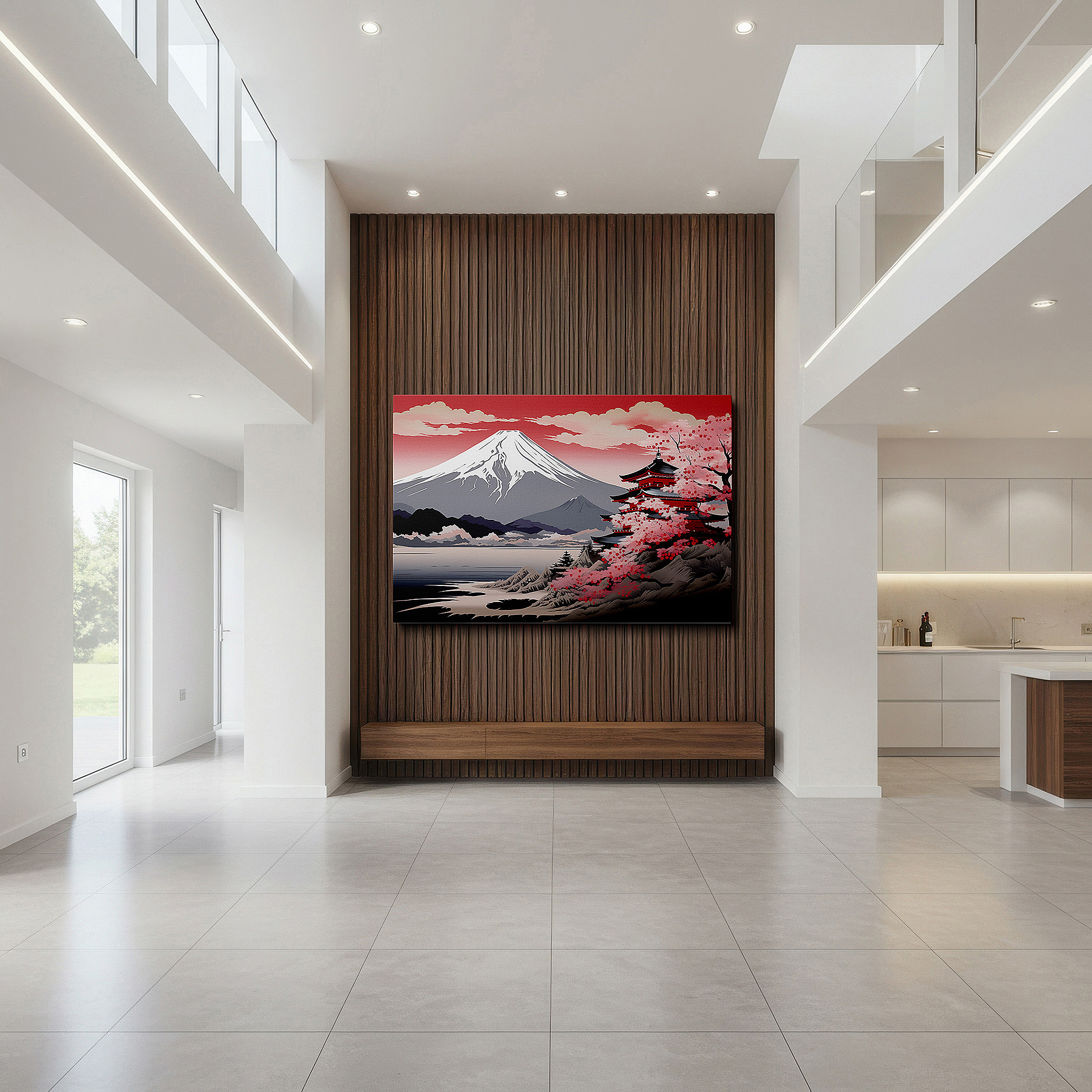Perfectly sized at 45×30 cm for accenting shelves or narrow walls — serene japanese temple with sakura and mount fuji large canvas wall art, tranquil cultural tapestry for office decor