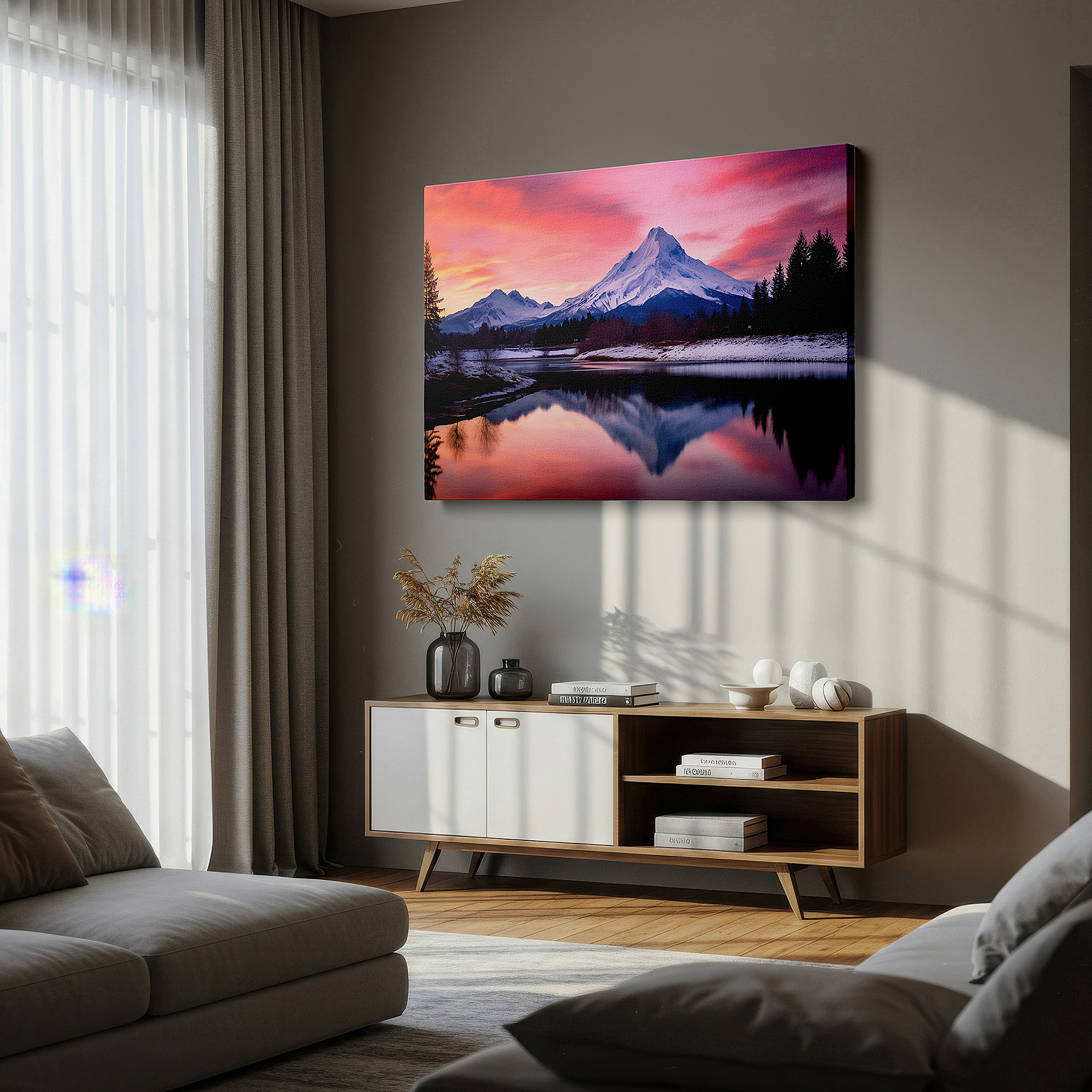 Perfectly sized at 45×30 cm for accenting shelves or narrow walls — serene sunset reflections on majestic mountains in lake waters - large canvas wall art for office, bedroom, and living room decor