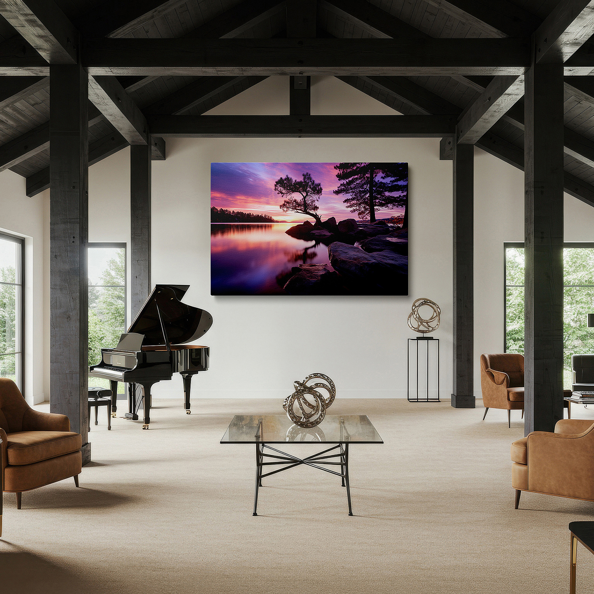 Perfectly sized at 45×30 cm for accenting shelves or narrow walls — serene sunset over tranquil lake: a vivid symphony of fiery hues and peaceful reflections - large canvas wall art for office decor