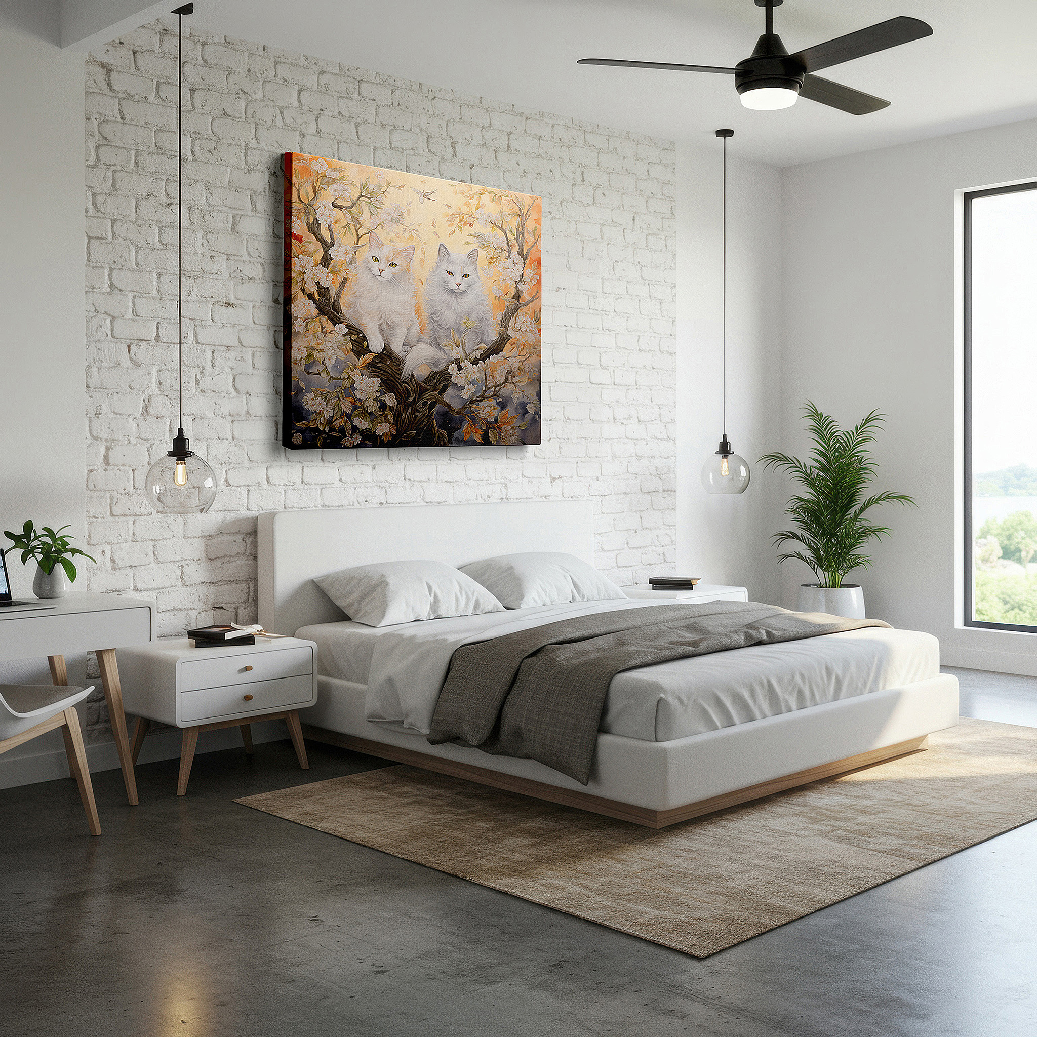 Perfectly sized at 45×30 cm for accenting shelves or narrow walls — serene white cats and spring blossoms symphony, large canvas wall art for office and bedroom decor