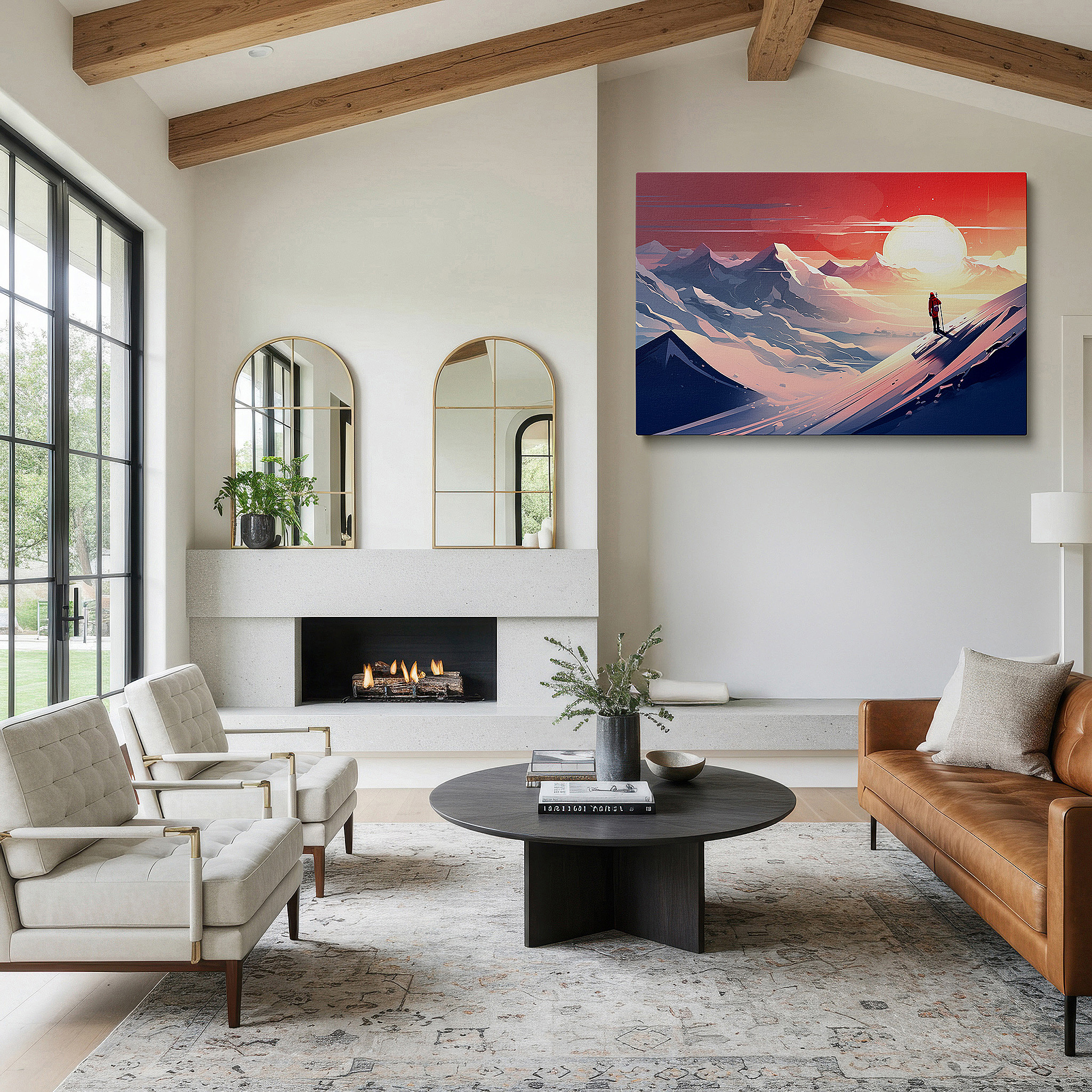 Perfectly sized at 45×30 cm for accenting shelves or narrow walls — solitary hiker among snow-capped peaks at sunset - a scene of solitude and adventure, large wall art, canvas, home and office decor