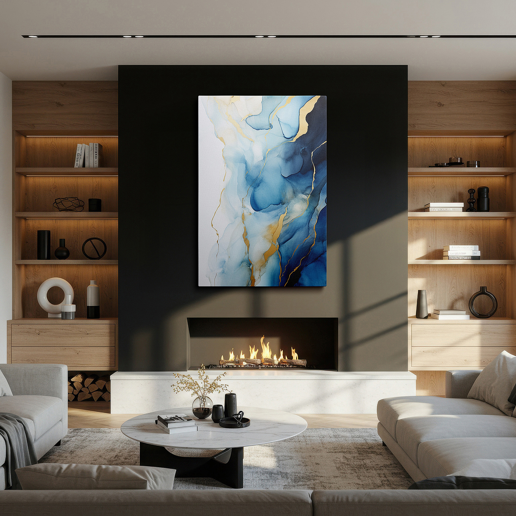 Perfectly sized at 45×30 cm for accenting shelves or narrow walls — sophisticated symphony of tranquil blues and golden hues: large wall art, canvas wall art, wall art decor, office wall art