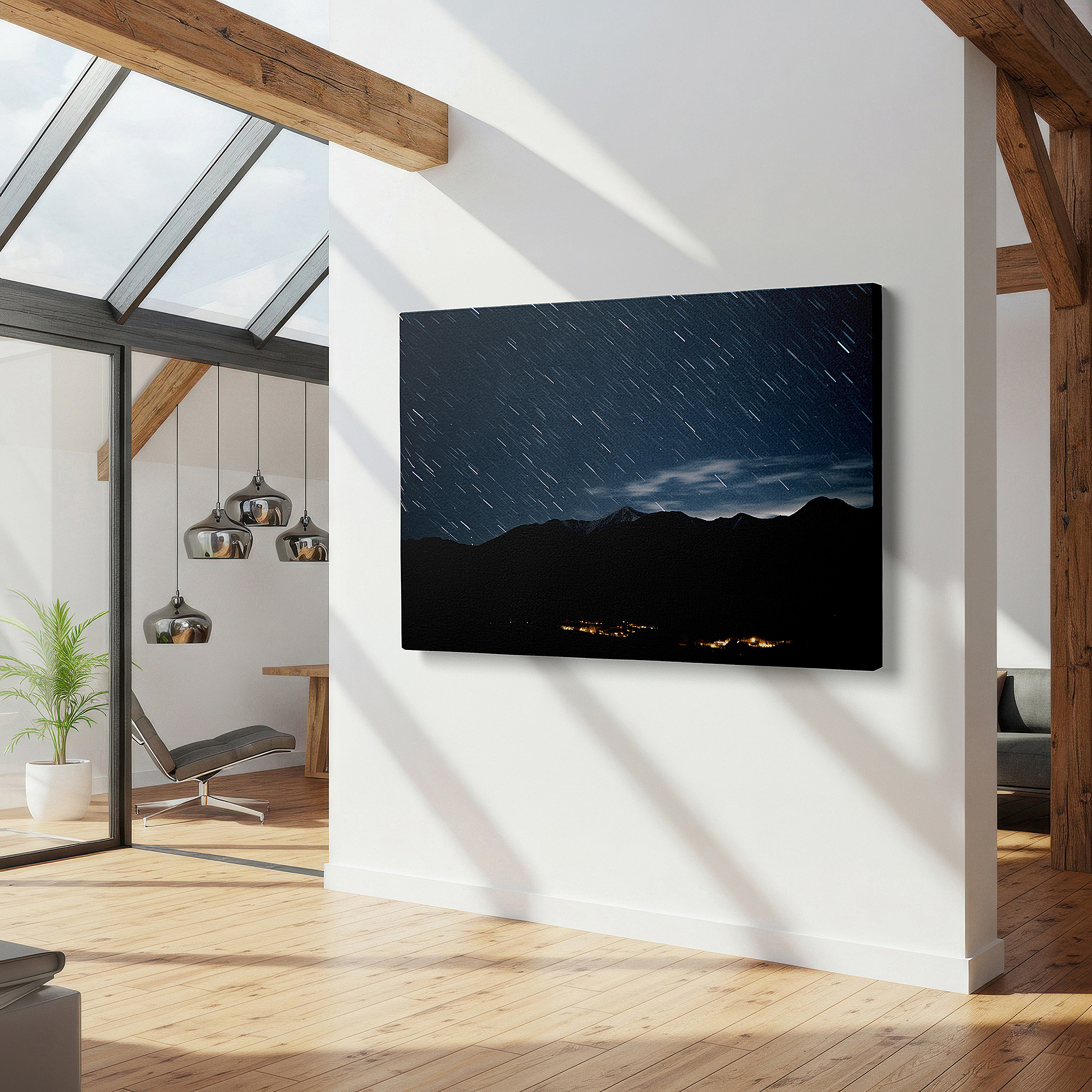 Perfectly sized at 45×30 cm for accenting shelves or narrow walls — star trails above rugged mountains - blending celestial movement with natural scenery, large canvas wall art for home and office decor