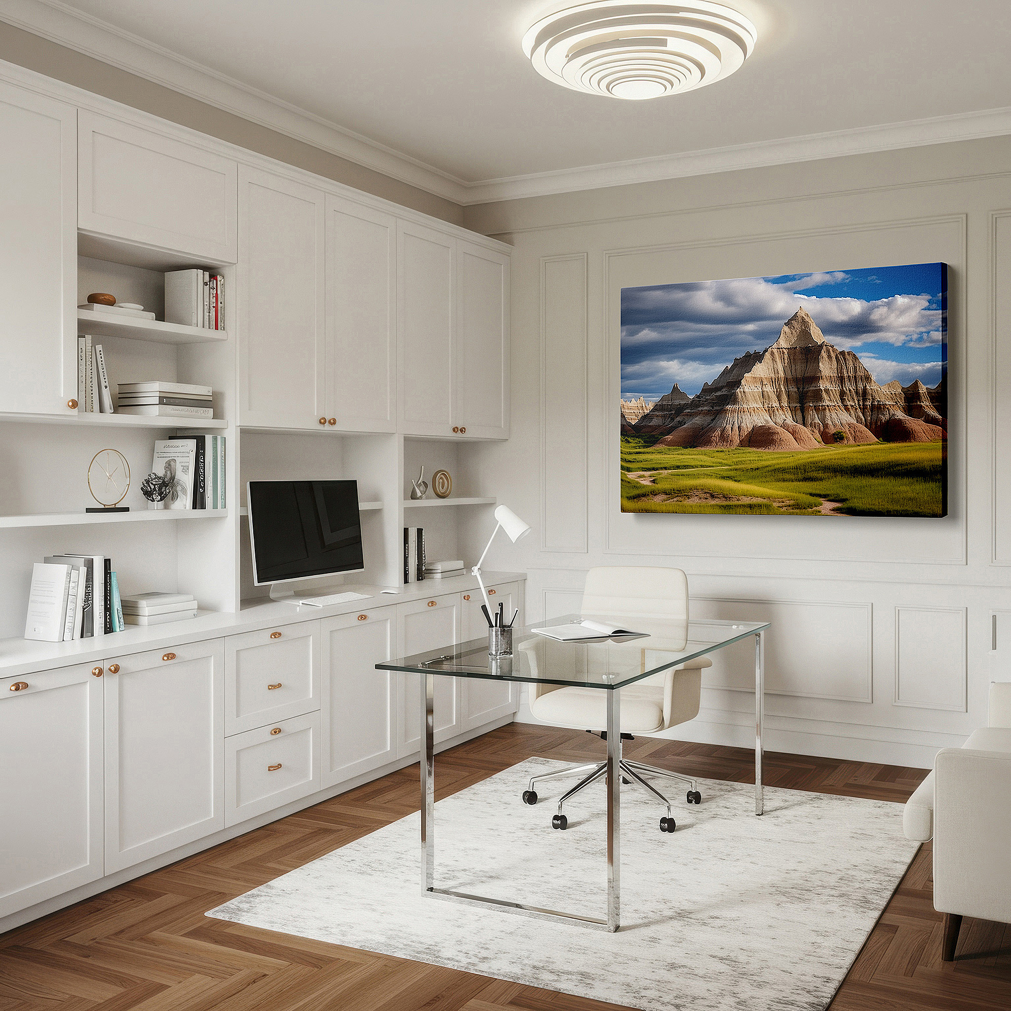 Perfectly sized at 45×30 cm for accenting shelves or narrow walls — stunning badlands panorama featuring vibrant greenery and blue skies - large canvas wall art for office, bedroom, and living room decor